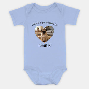 Personalized Pug Baby Onesie Gift - Loved & Protected By My Dog | 89Prints