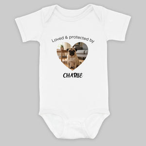 Personalized Pug Baby Onesie Gift - Loved & Protected By My Dog | 89Prints