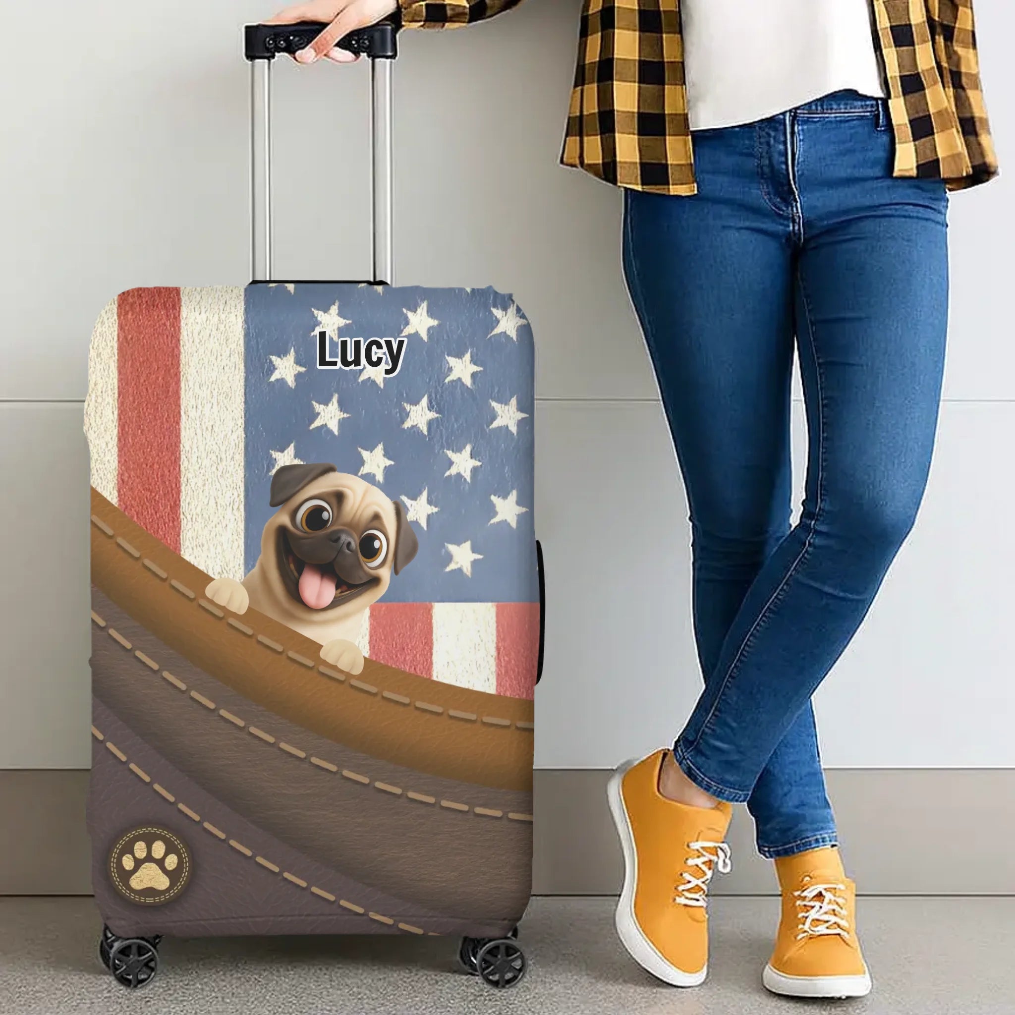Cherished Custom Pug Luggage Cover Gift - Vintage USA Dog Luggage Cover | 89Prints