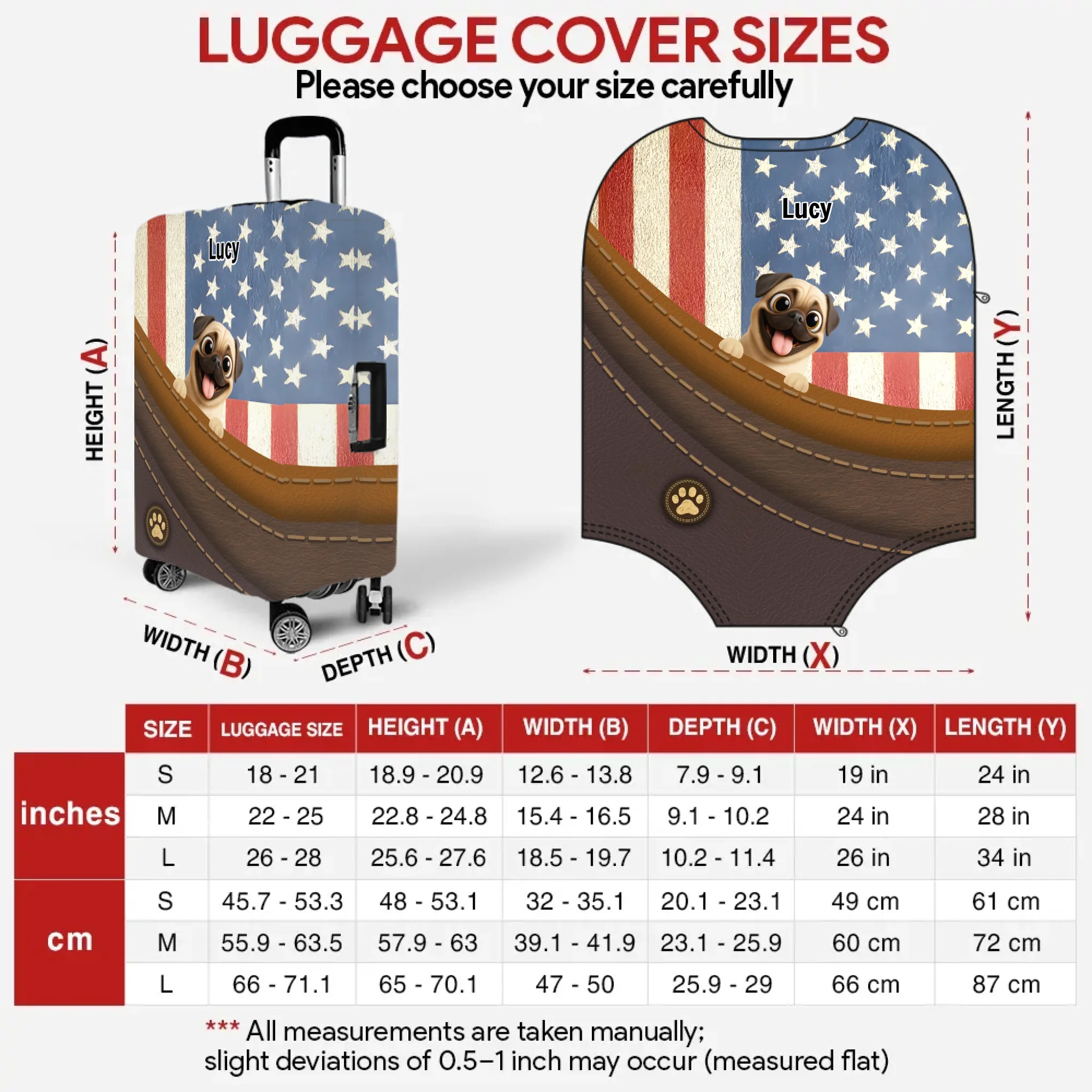 Cherished Custom Pug Luggage Cover Gift - Vintage USA Dog Luggage Cover | 89Prints