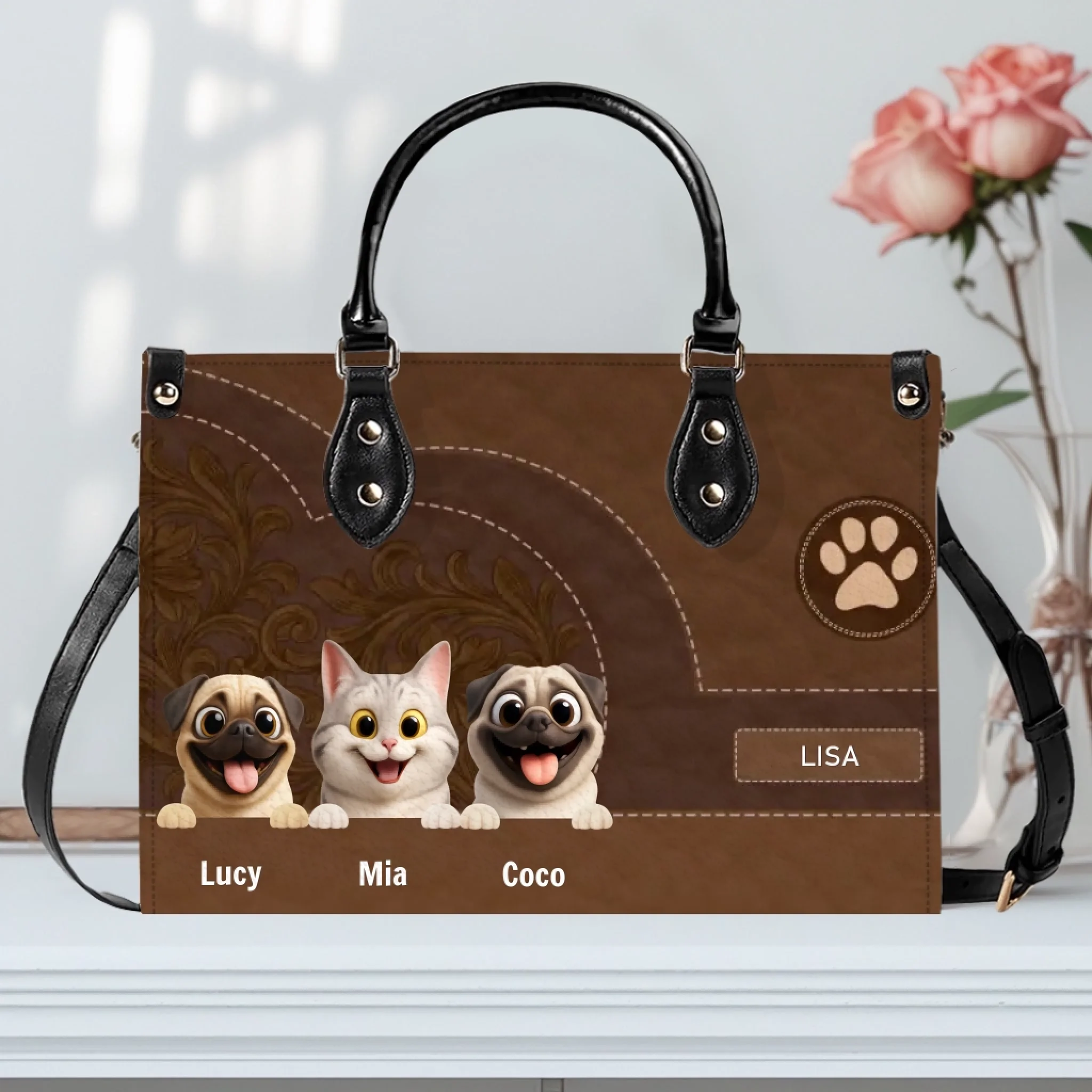 Personalized Pug Vintage Stitched Leather Dog Handbag For Pet Lovers | 89Prints
