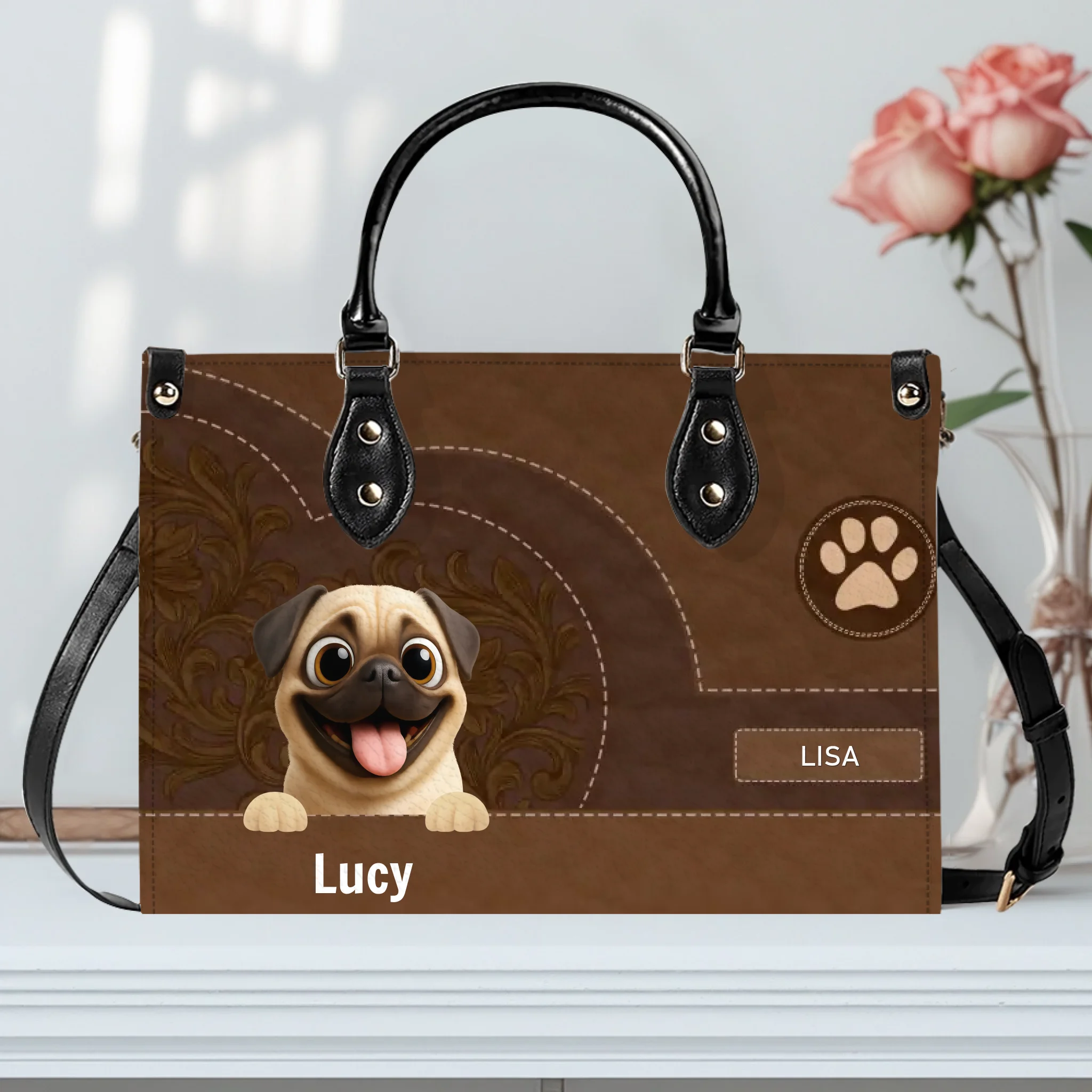 Personalized Pug Vintage Stitched Leather Dog Handbag For Pet Lovers | 89Prints