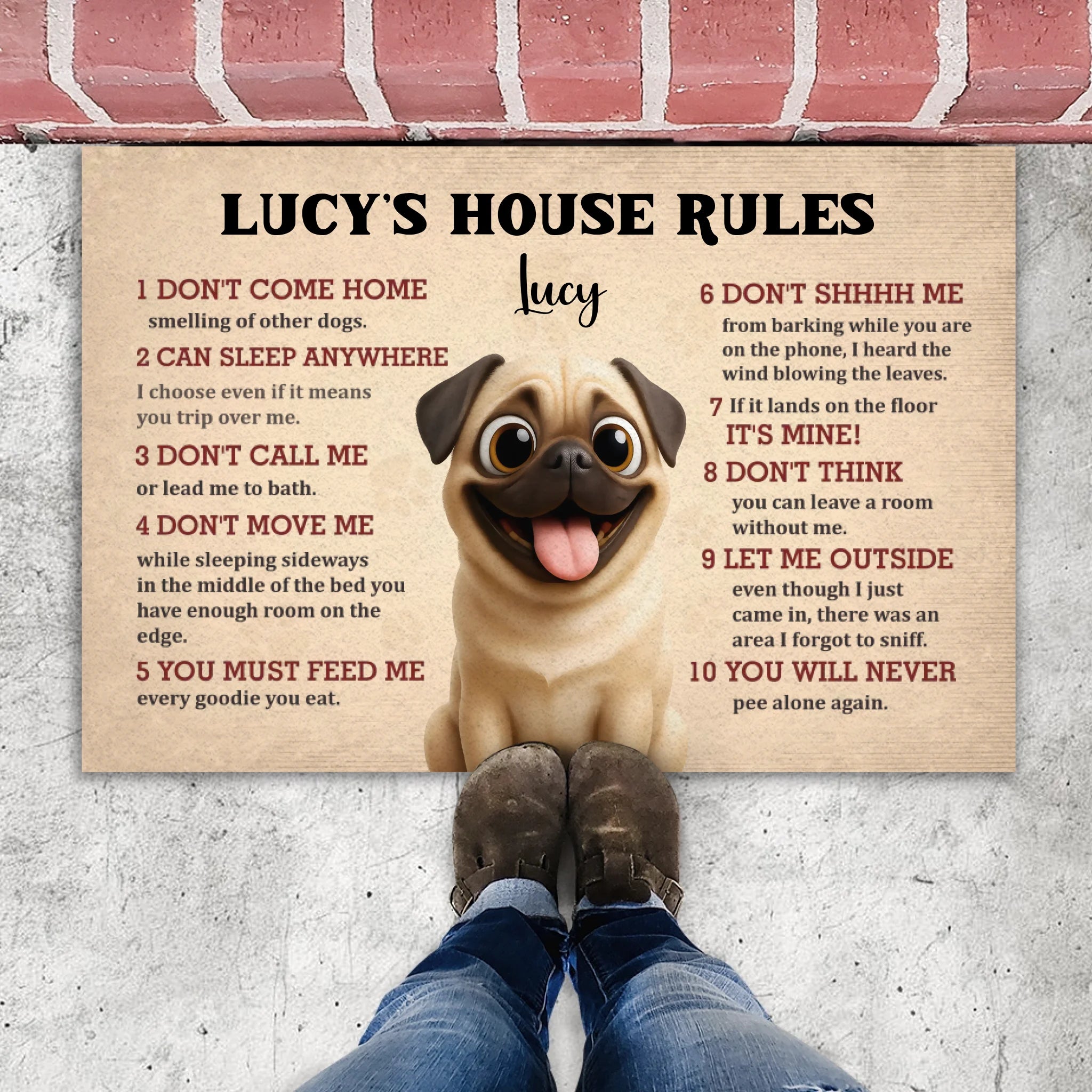 Personalized Pug Doormat – Funny House Rules Mat For Dog Lovers | 89Prints
