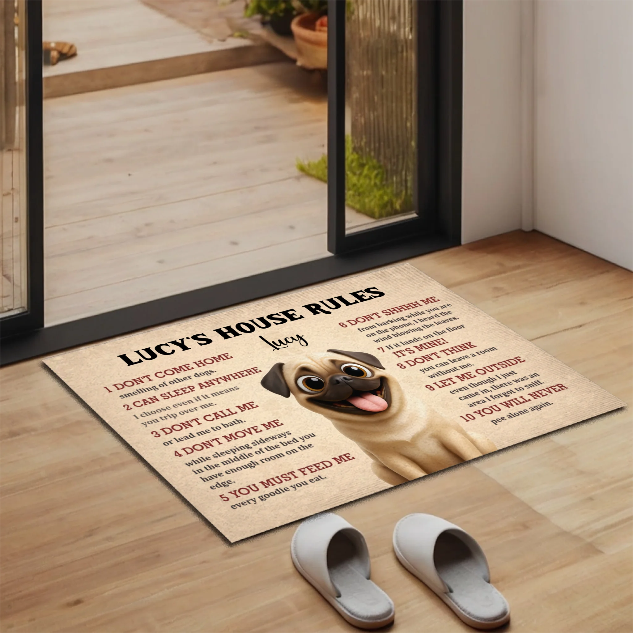 Personalized Pug Doormat – Funny House Rules Mat For Dog Lovers | 89Prints