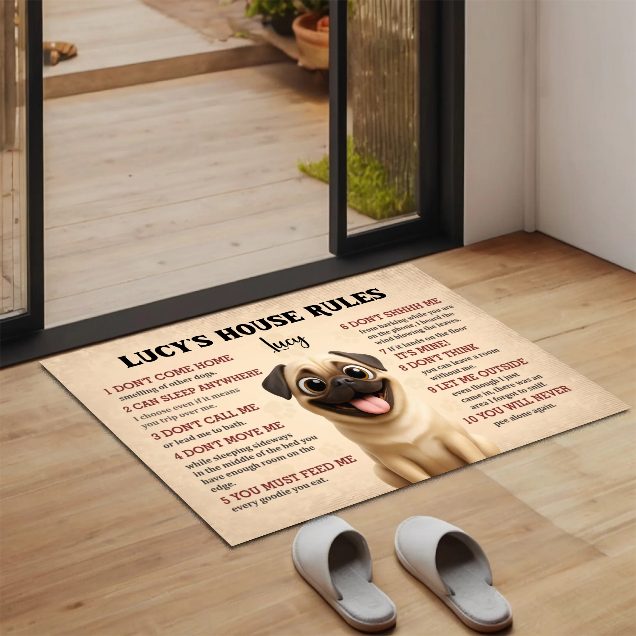 Personalized Pug Doormat – Funny House Rules Mat For Dog Lovers | 89Prints
