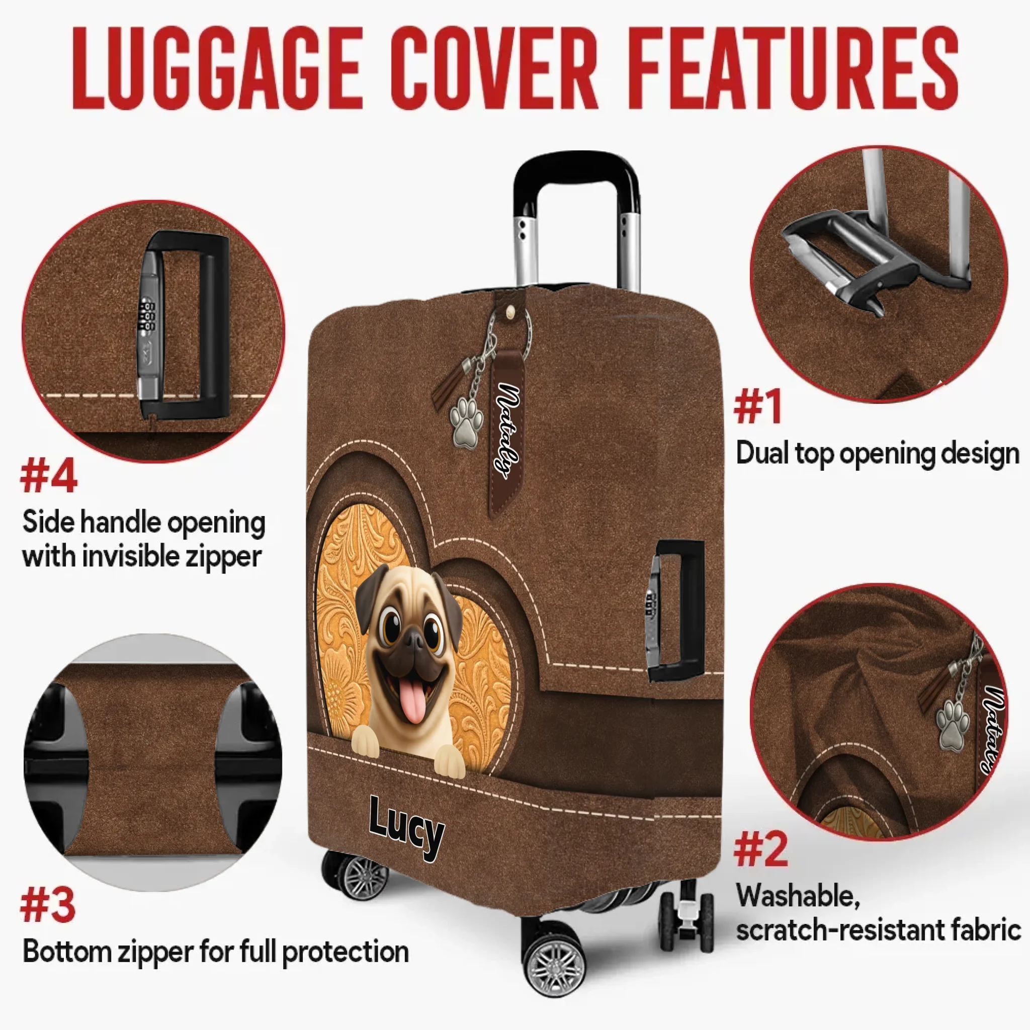 Custom Pug Lover Luggage Cover - Personalized Pet Art & Name | 89Prints