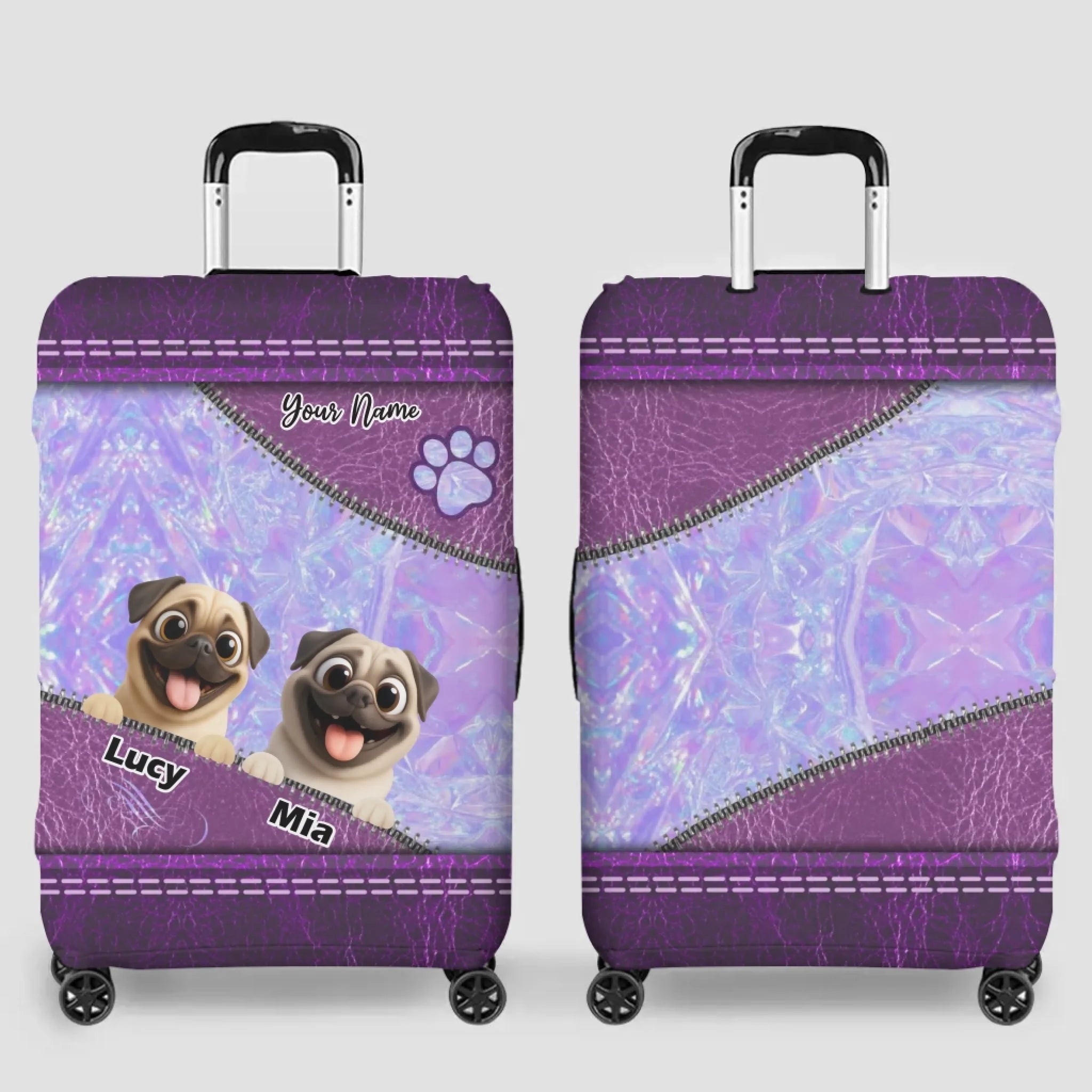 Custom Pug Lover Luggage Cover – Iridescent Purple Personalized Design | 89Prints