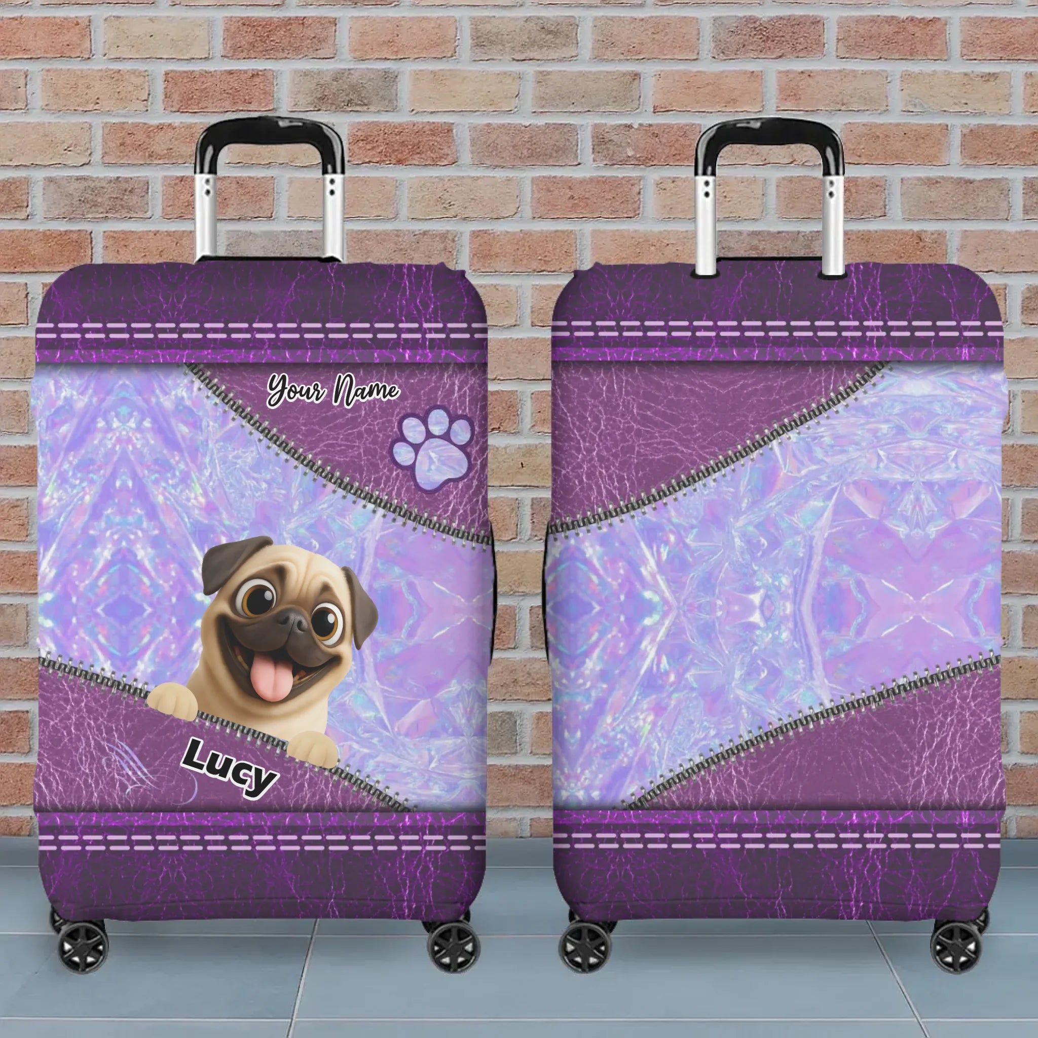 Custom Pug Lover Luggage Cover – Iridescent Purple Personalized Design | 89Prints