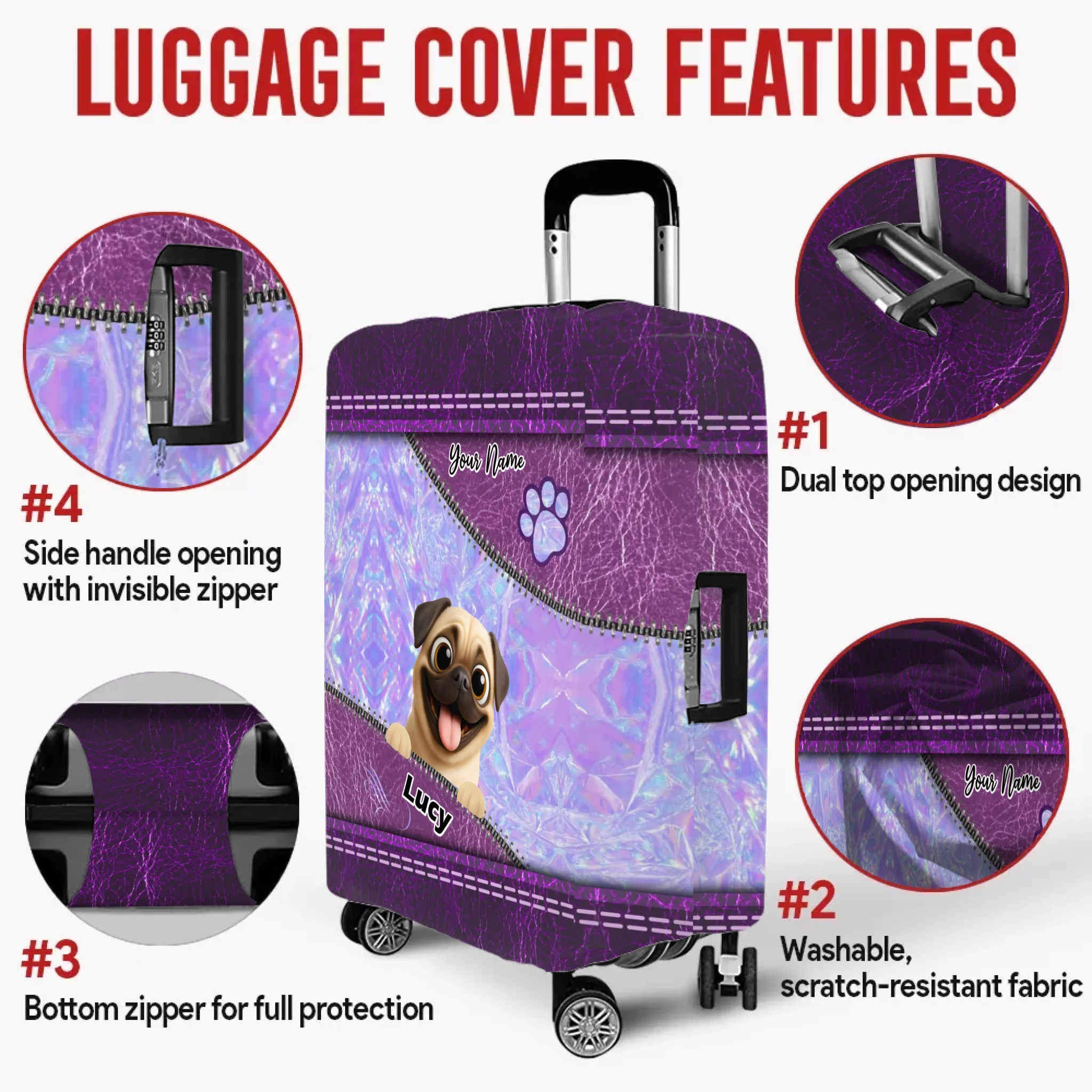 Custom Pug Lover Luggage Cover – Iridescent Purple Personalized Design | 89Prints