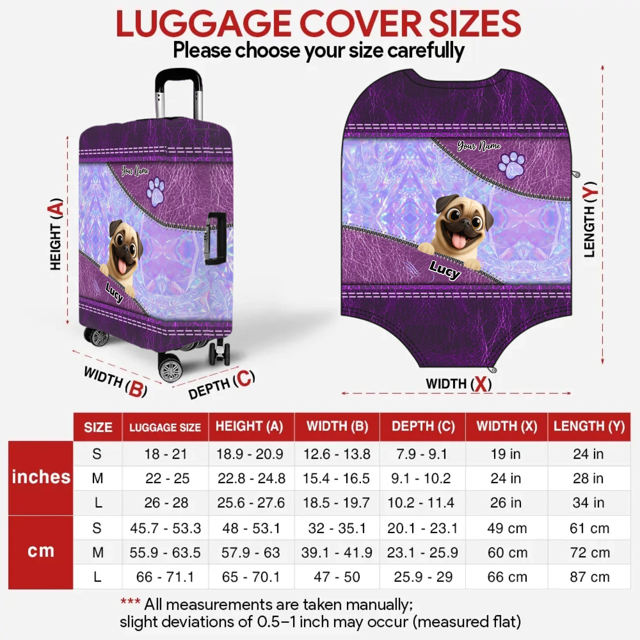 Custom Pug Lover Luggage Cover – Iridescent Purple Personalized Design | 89Prints