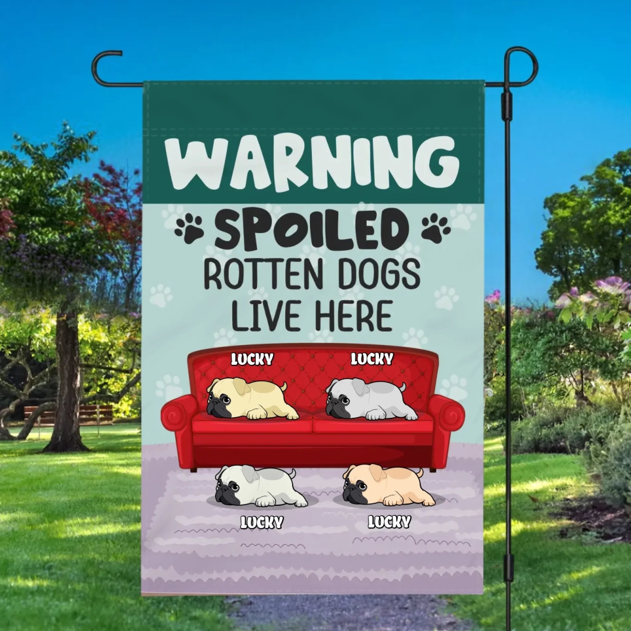 Custom Pug Lover Garden Flag – Spoiled Rotten Dogs Live Here Gift | 89Prints