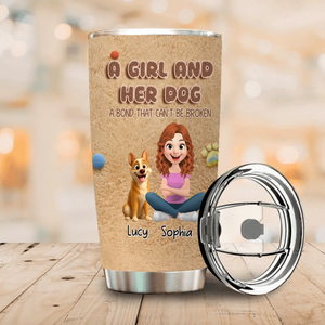 Custom Dog Tumbler – Cute Girl And Dog Lover Cartoon Design With Personalized Name - 89Prints