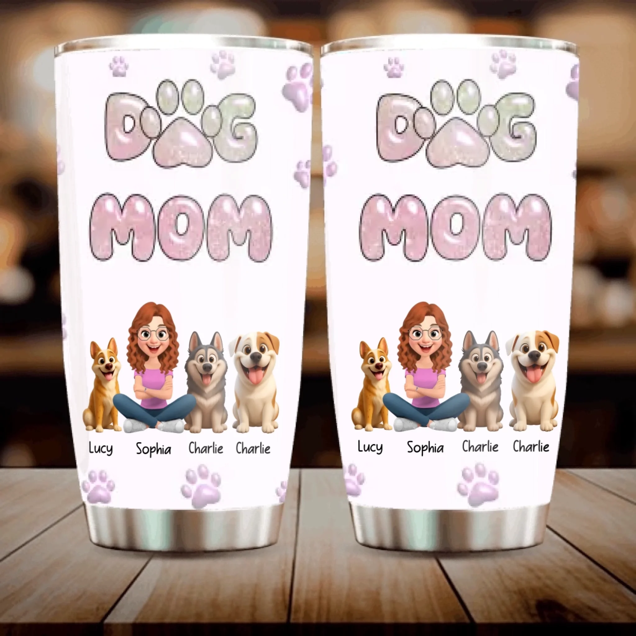 Dog Mom Custom Tumbler – Girl And Dogs Illustration With Pet Names - 89Prints