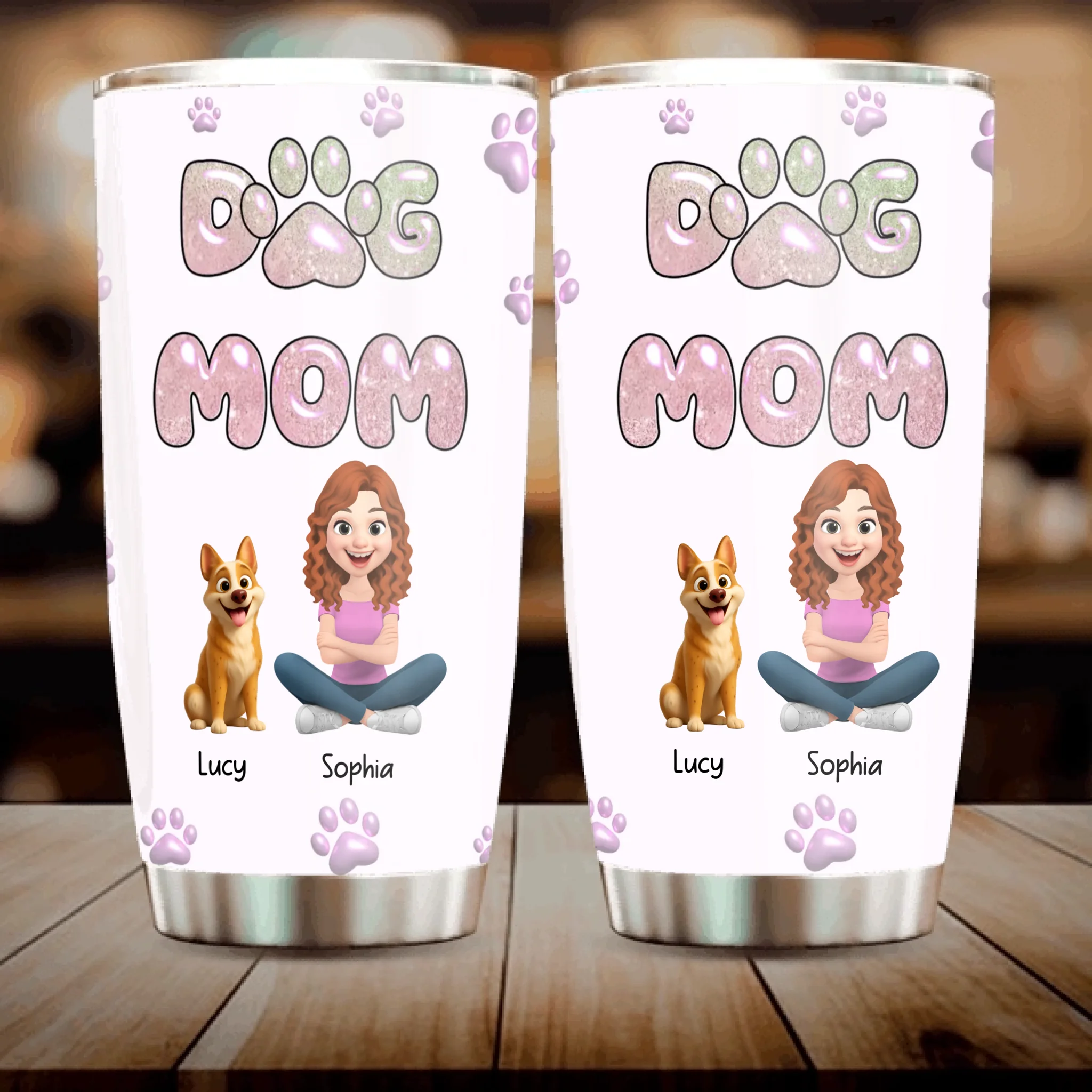 Dog Mom Custom Tumbler – Girl And Dogs Illustration With Pet Names - 89Prints