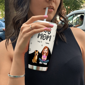 Custom Dog Mom 20 oz Tumbler – 3D Girl And Dog Character With Paw Style Lettering - 89Prints