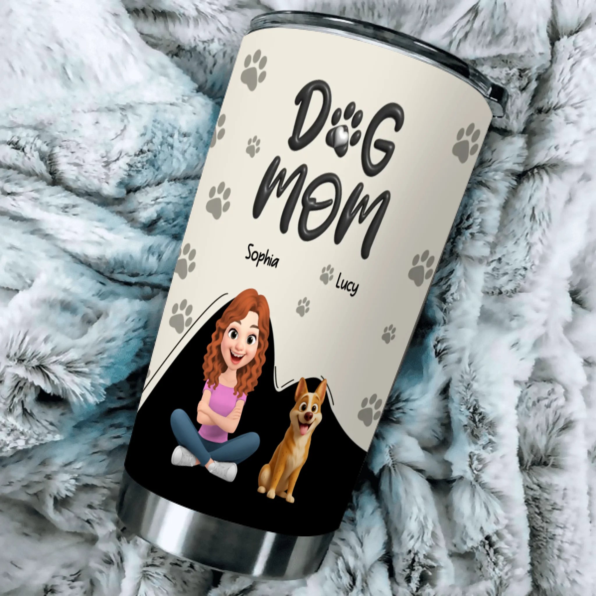 Custom Dog Mom 20 oz Tumbler – 3D Girl And Dog Character With Paw Style Lettering - 89Prints