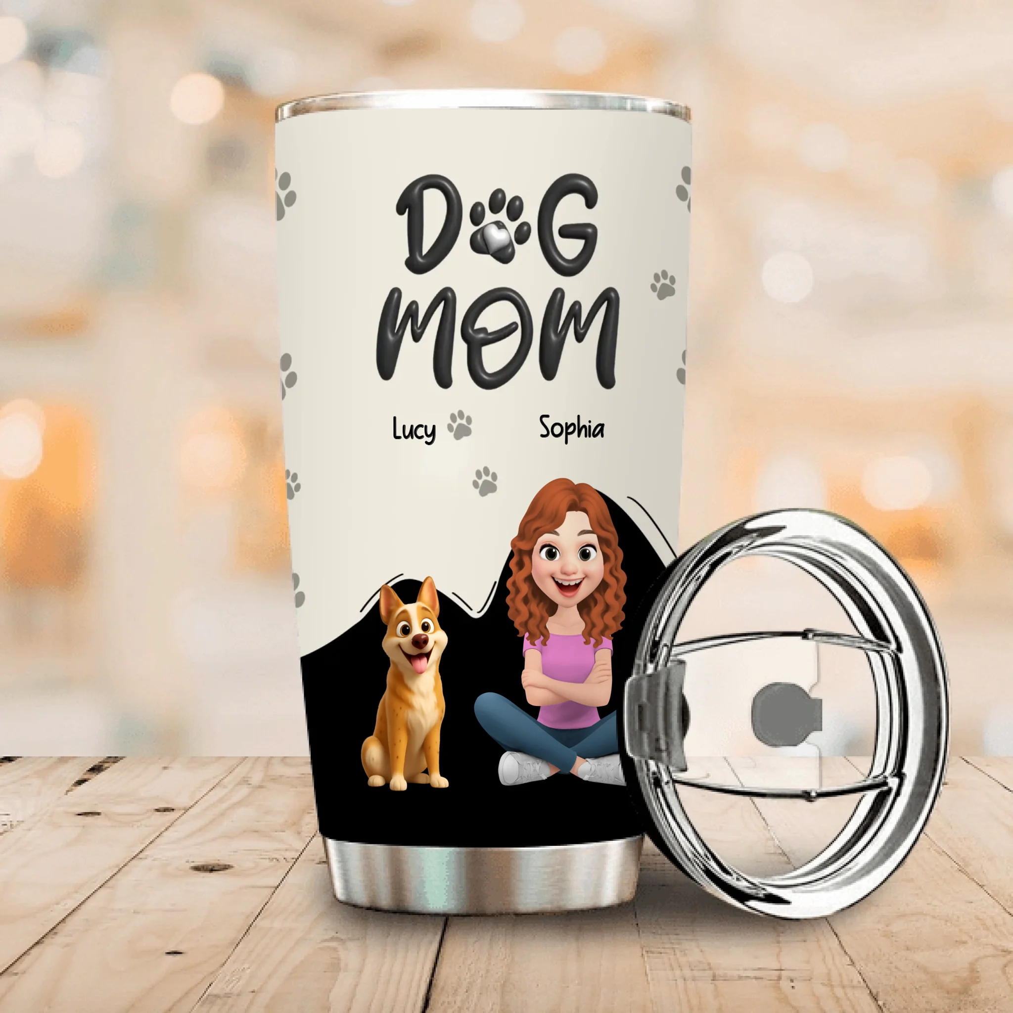 Custom Dog Mom 20 oz Tumbler – 3D Girl And Dog Character With Paw Style Lettering - 89Prints