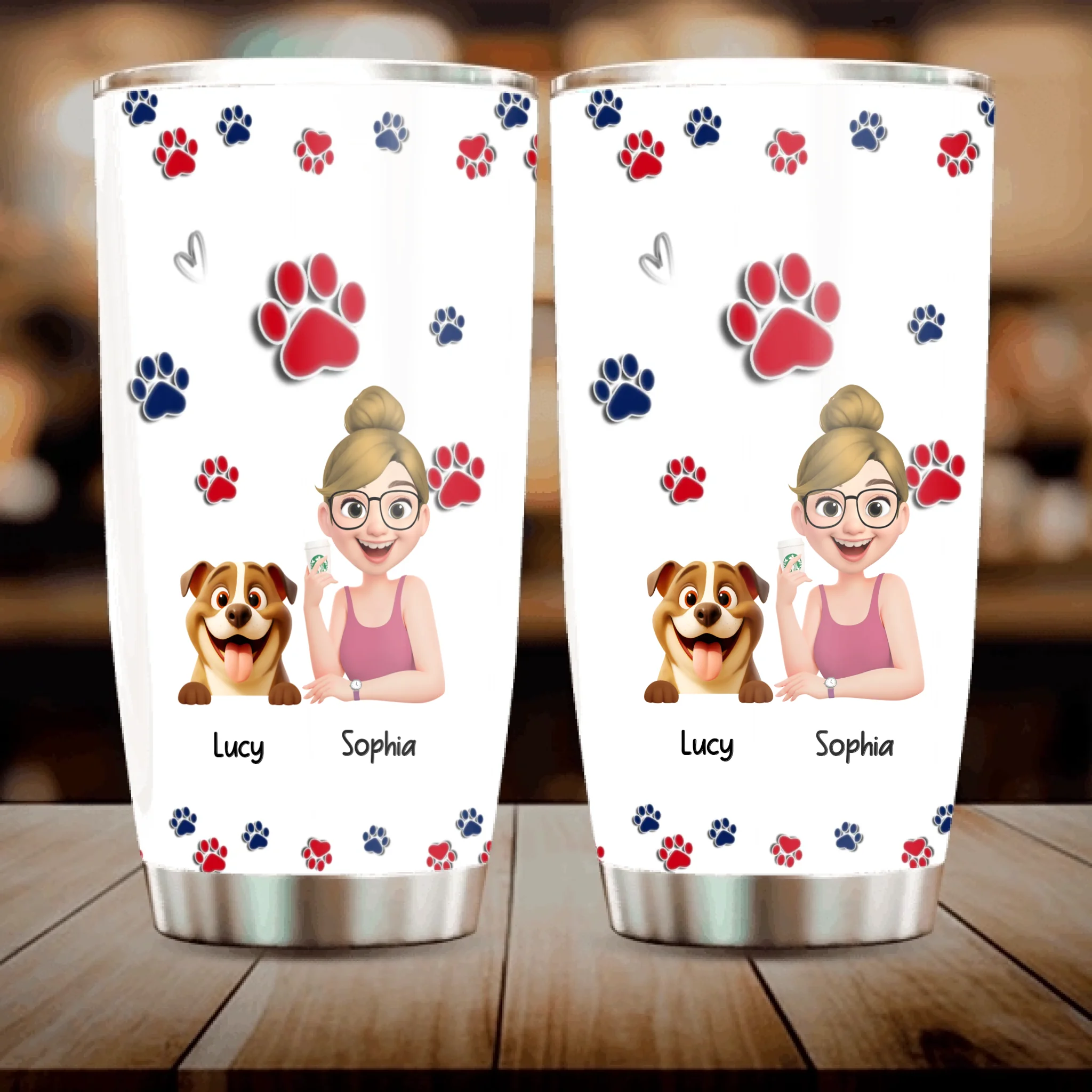 Personalzed Girl and Her Dog Tumbler – With Paw Print Background For Dog Owners - 89Prints