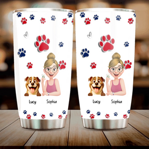 Personalzed Girl and Her Dog Tumbler – With Paw Print Background For Dog Owners - 89Prints