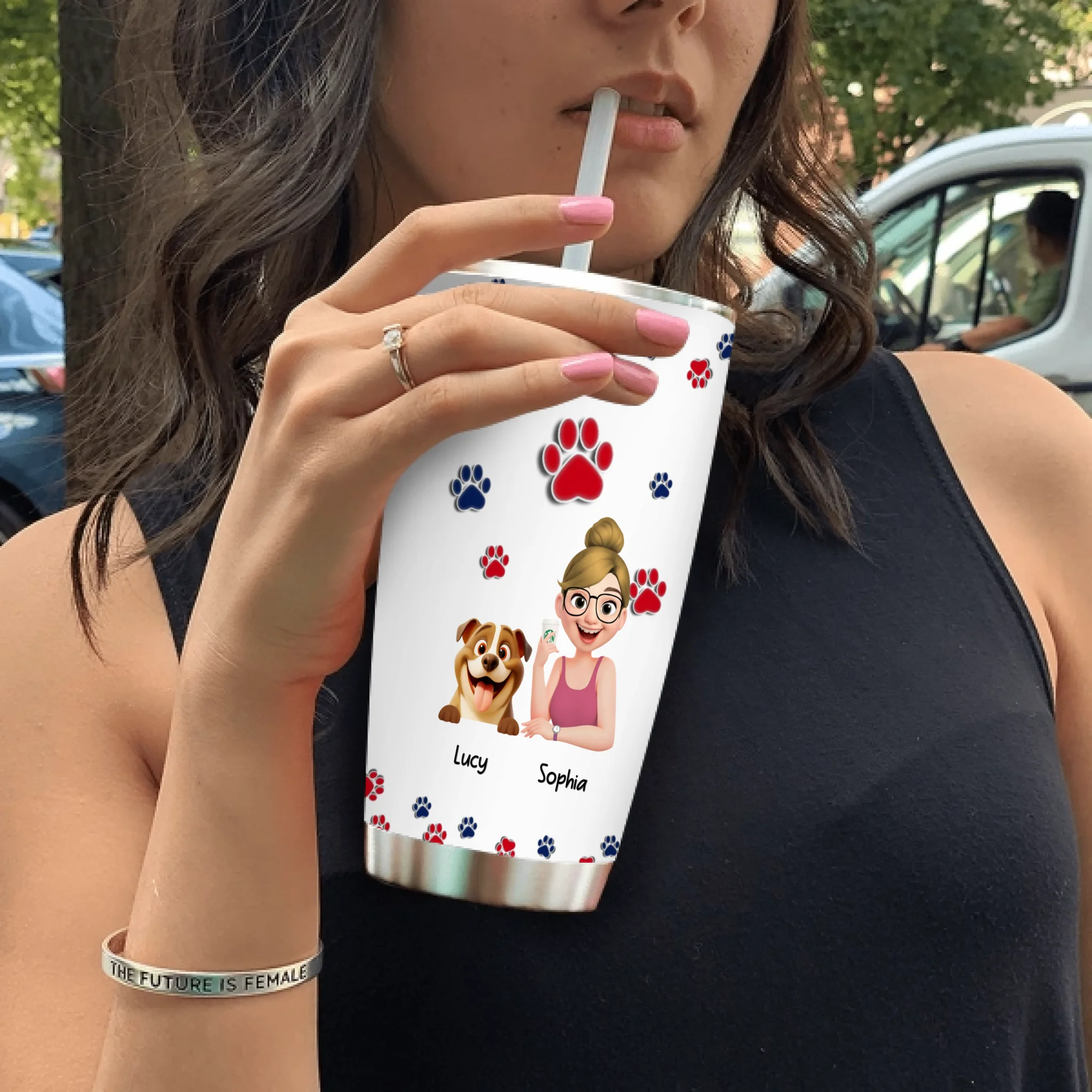 Personalzed Girl and Her Dog Tumbler – With Paw Print Background For Dog Owners - 89Prints