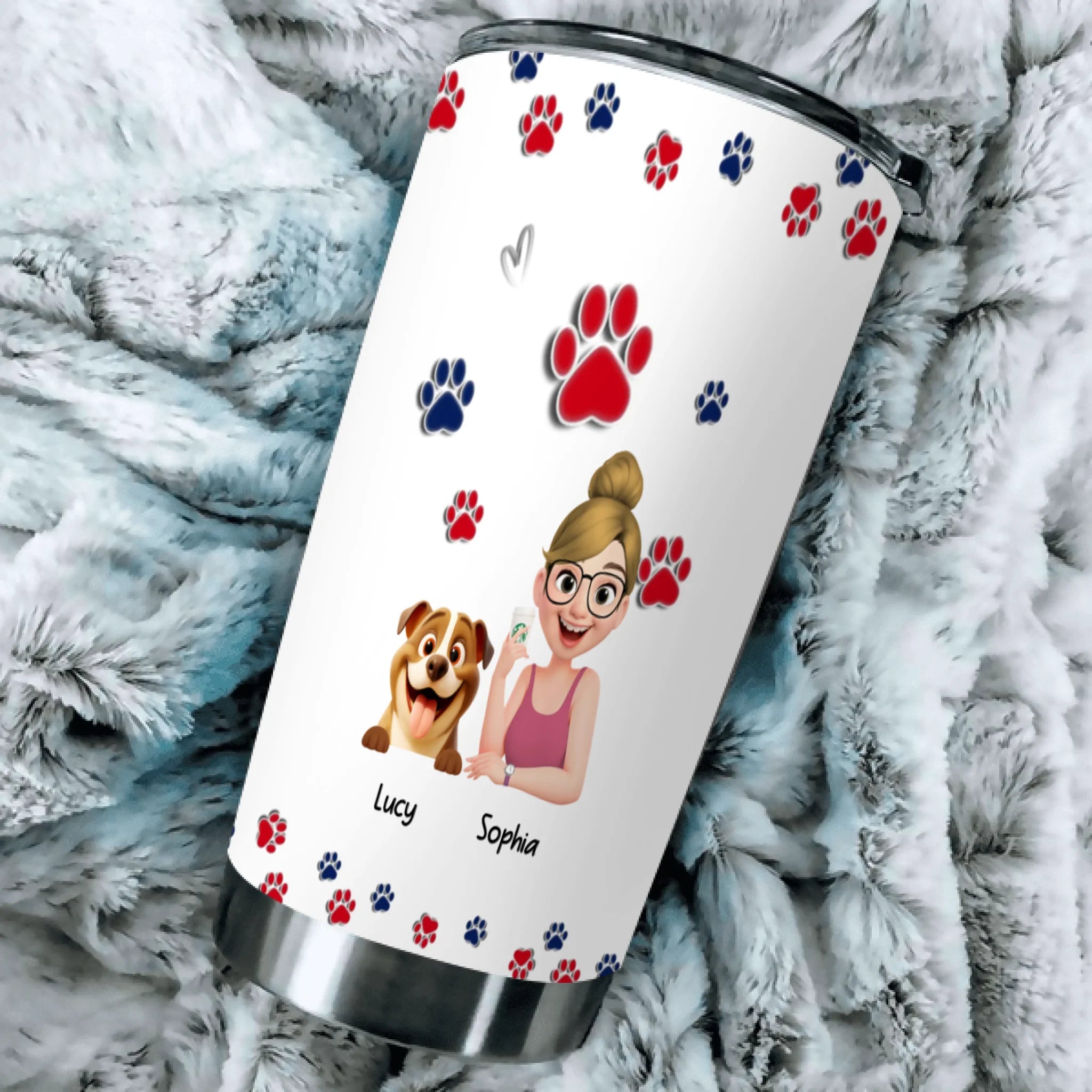 Personalzed Girl and Her Dog Tumbler – With Paw Print Background For Dog Owners - 89Prints