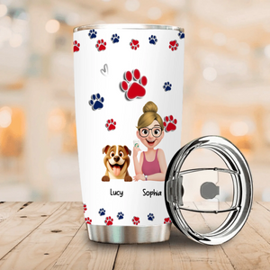Personalzed Girl and Her Dog Tumbler – With Paw Print Background For Dog Owners - 89Prints