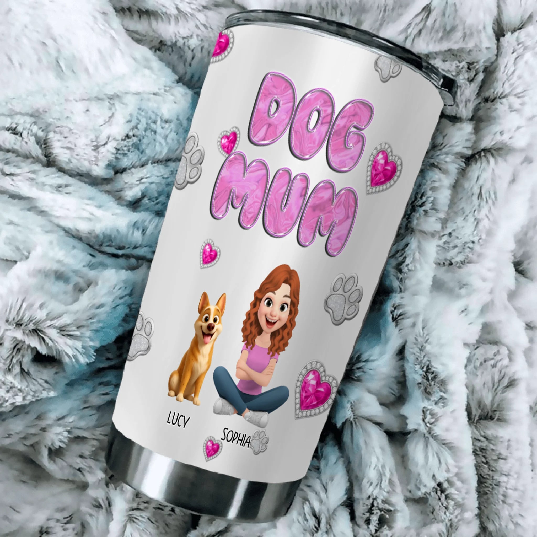 Custom Dog Mom Coffee Tumbler – Bubble Letter Design With Girl And Dog Personalized Names for Dog Owners - 89Prints