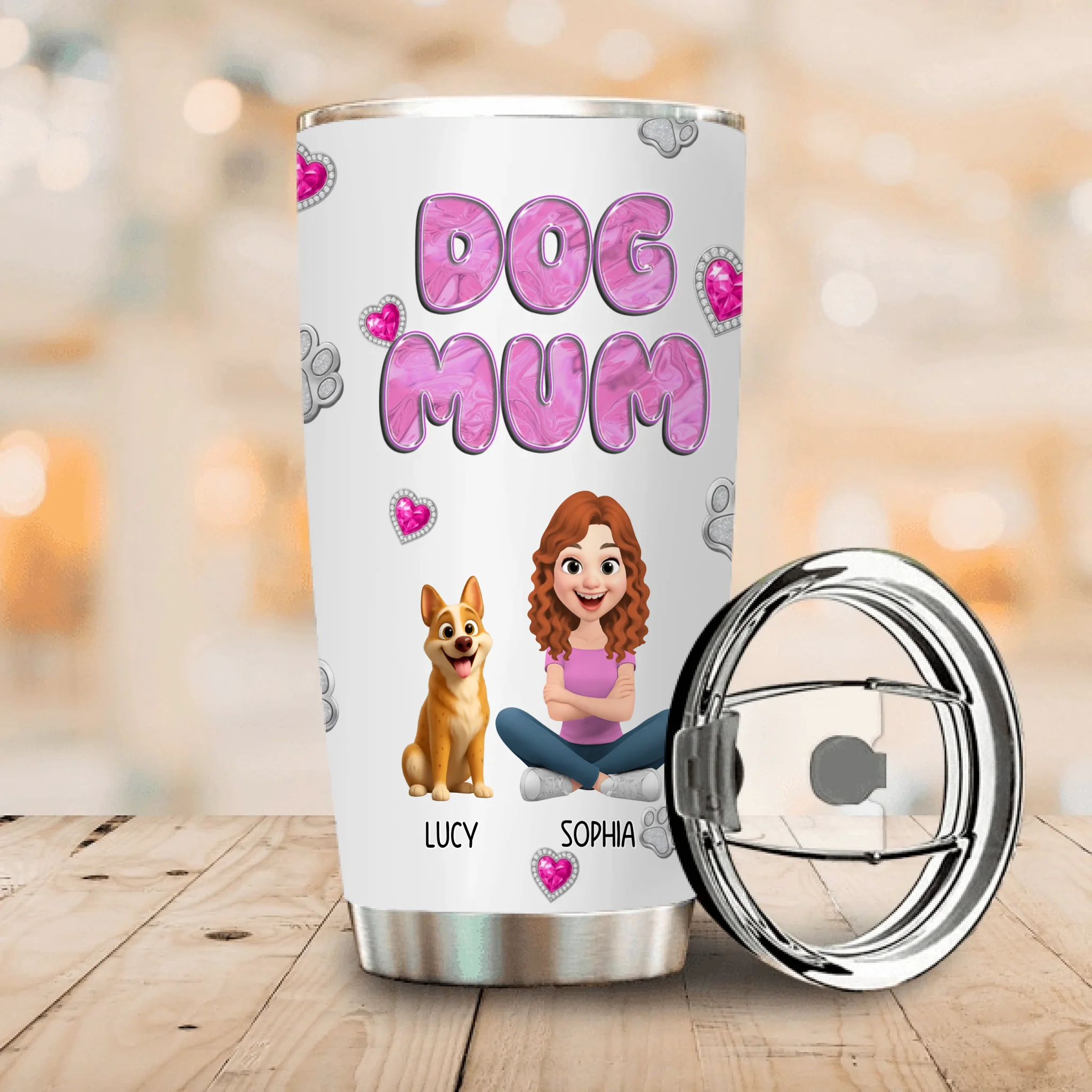 Custom Dog Mom Coffee Tumbler – Bubble Letter Design With Girl And Dog Personalized Names for Dog Owners - 89Prints