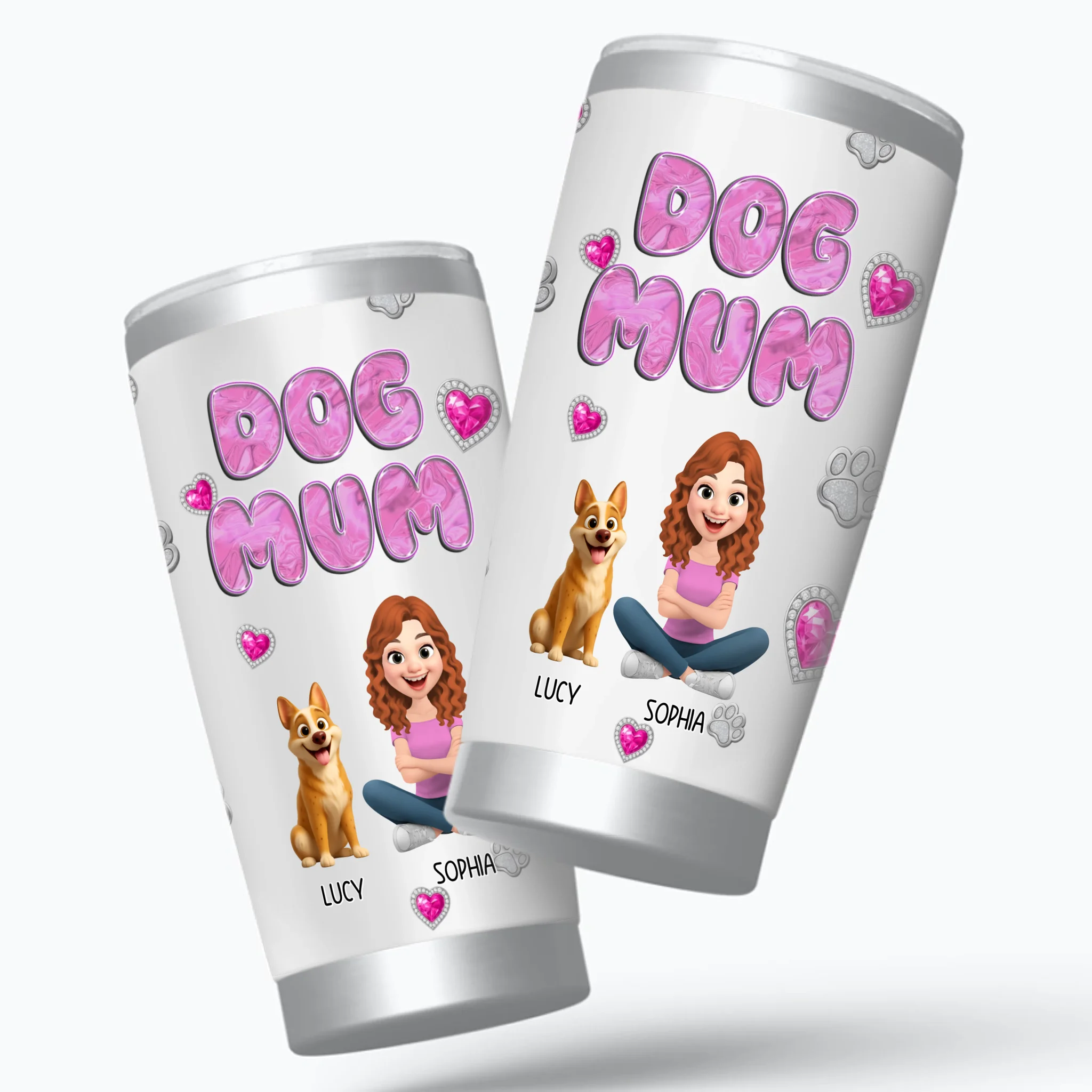 Custom Dog Mom Coffee Tumbler – Bubble Letter Design With Girl And Dog Personalized Names for Dog Owners - 89Prints
