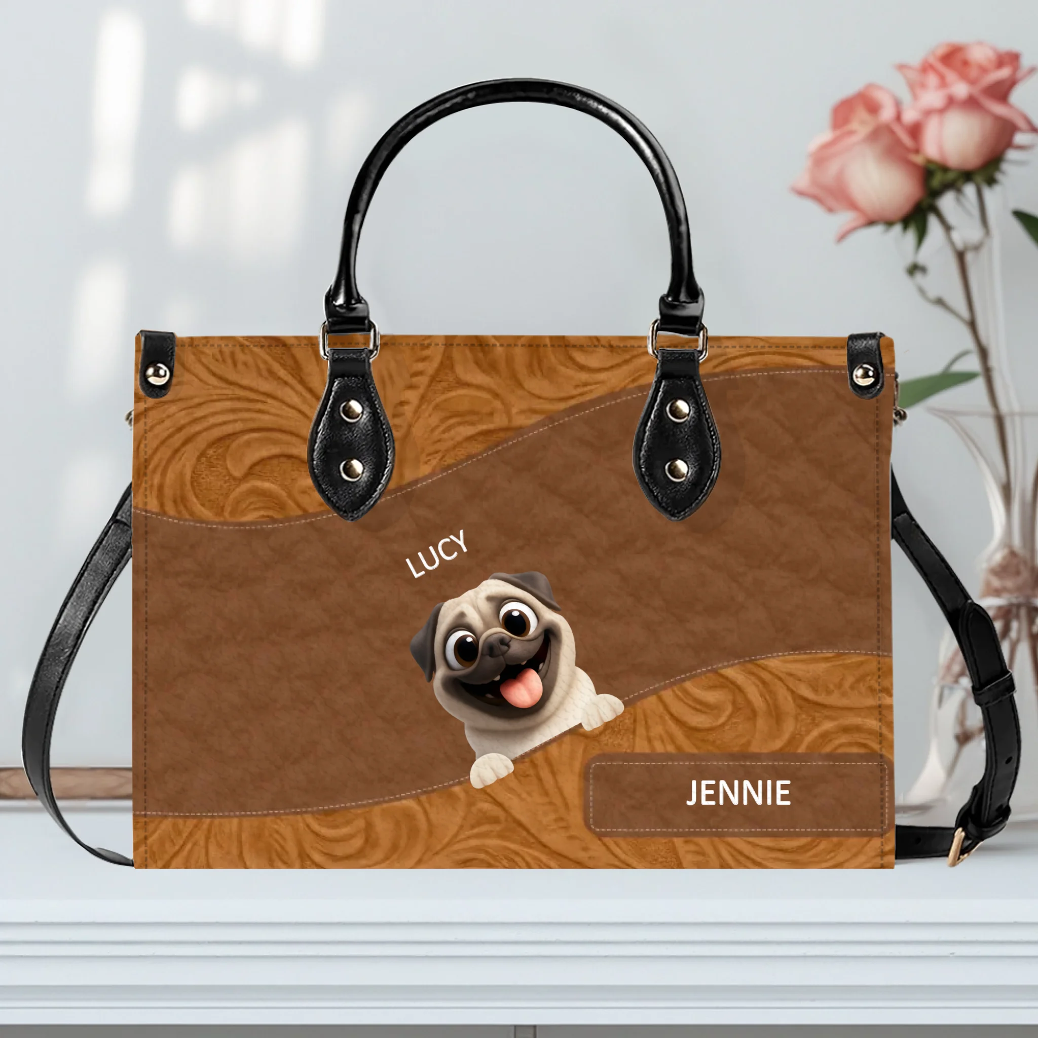 Personalized Pug Leather Handbag - Layered Carved Leather Dog Handbag - 89Prints