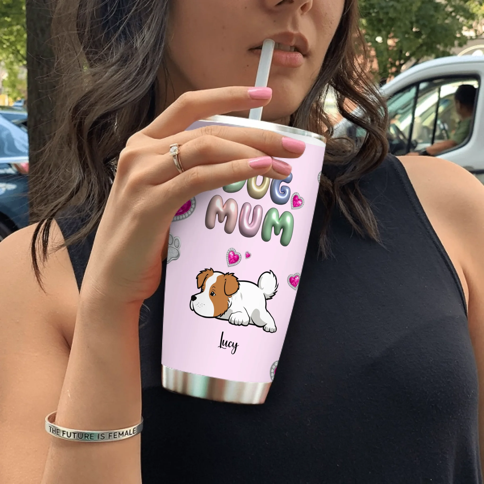 Customized Dog Mum Coffee Tumbler - Cute Sleeping Puppy With Dog Name for Dog Owners - 89Prints