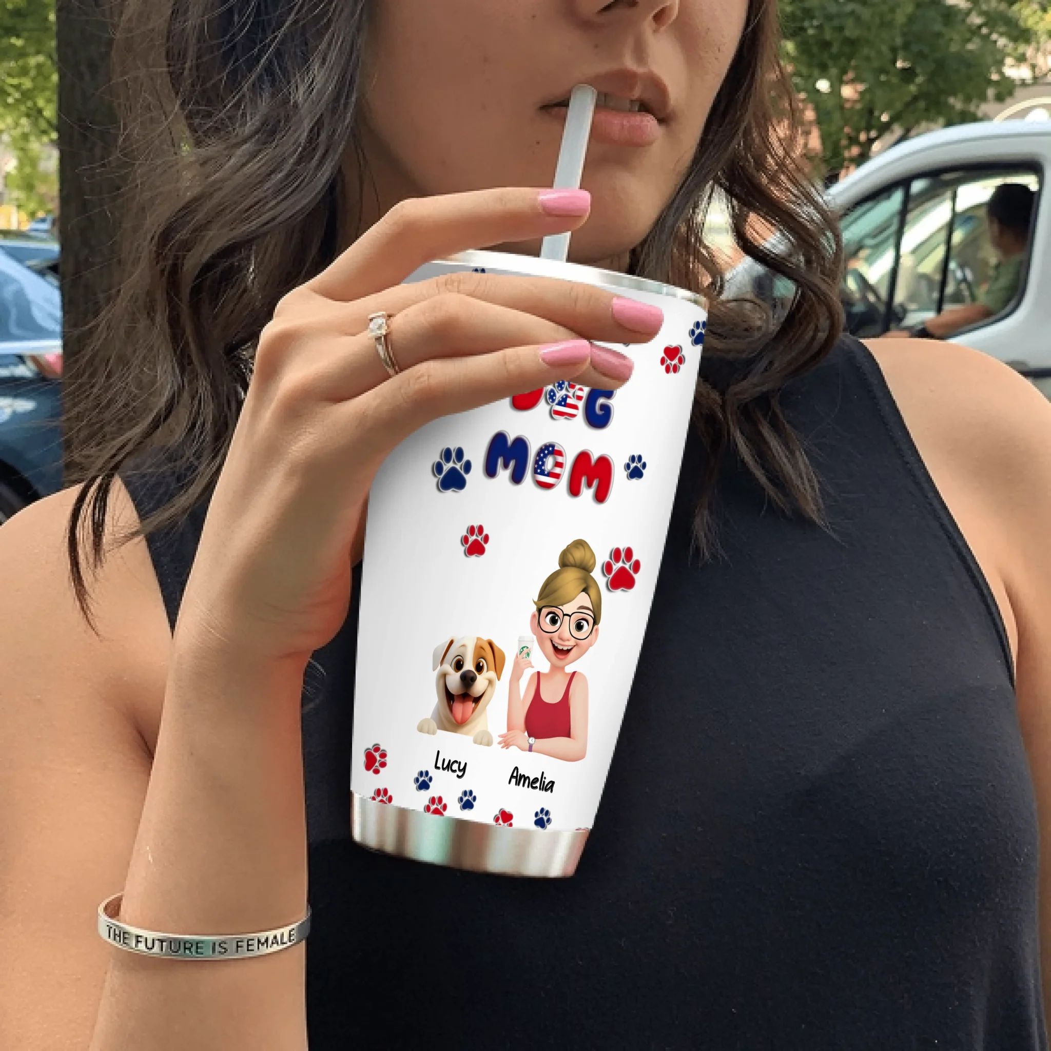 Dog Mom Tumbler 20 Oz - Custom Pet Character and Paw Print Artwork, Gifts For Dog Owners - 89Prints