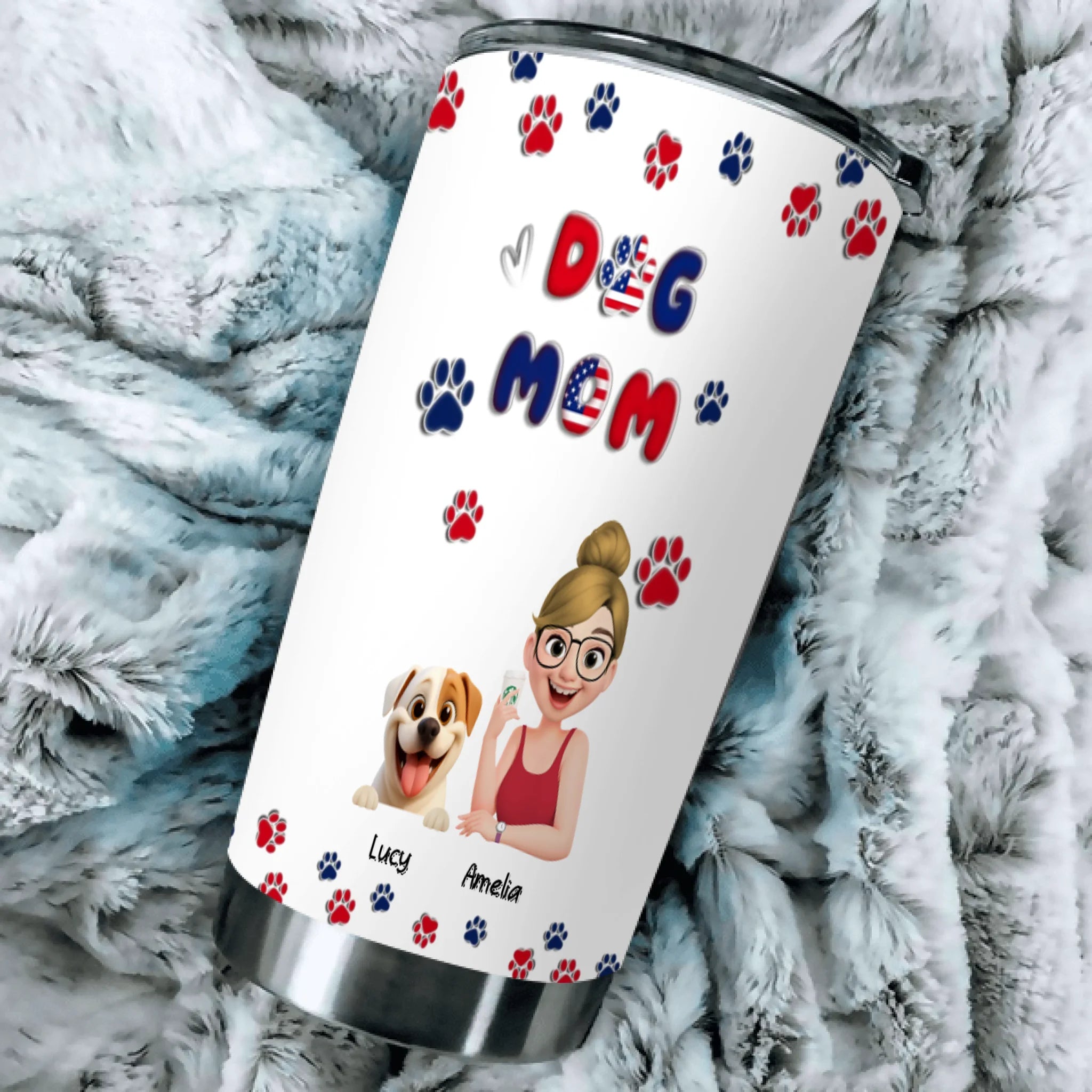 Dog Mom Tumbler 20 Oz - Custom Pet Character and Paw Print Artwork, Gifts For Dog Owners - 89Prints