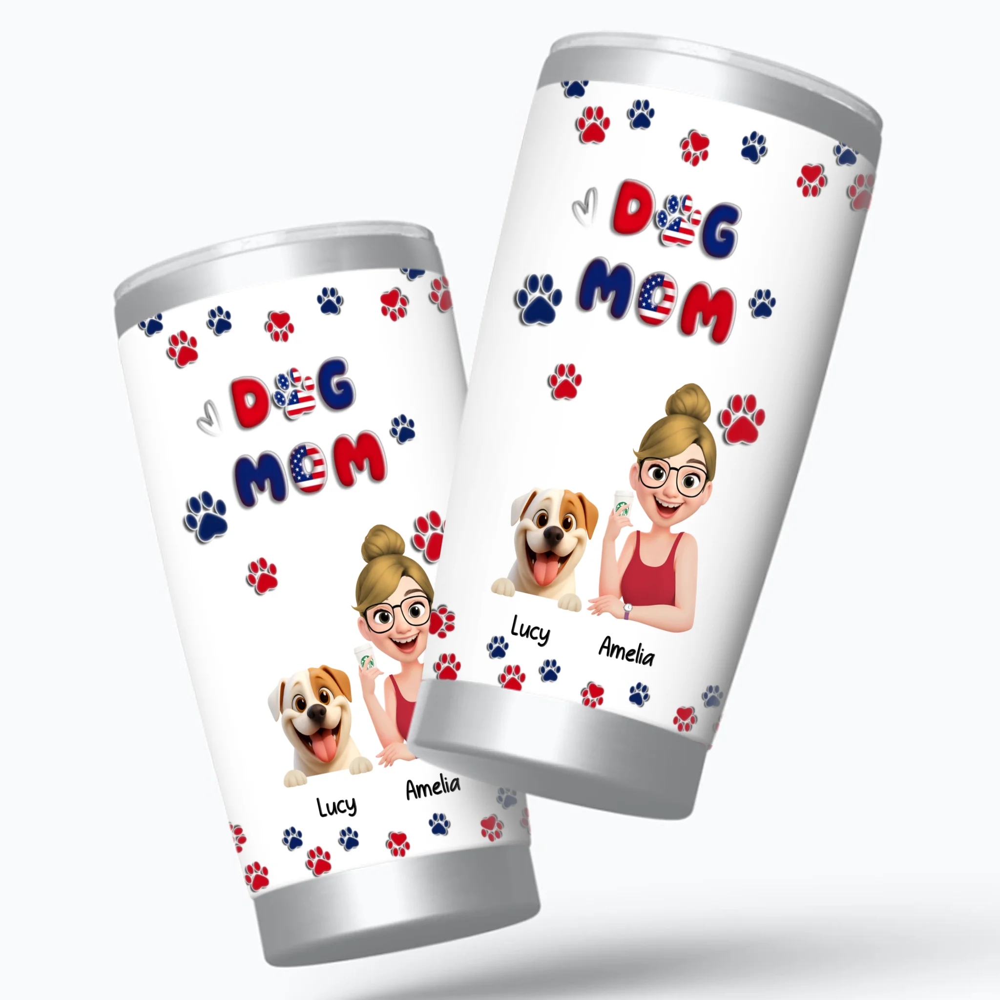 Dog Mom Tumbler 20 Oz - Custom Pet Character and Paw Print Artwork, Gifts For Dog Owners - 89Prints