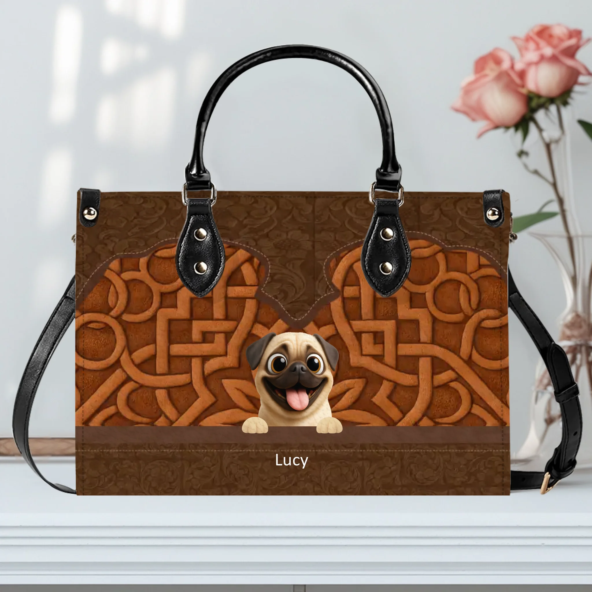 Personalized Pug Leather Handbag – Custom 3D Carved Pet Art Dog Themed Gifts | 89Prints