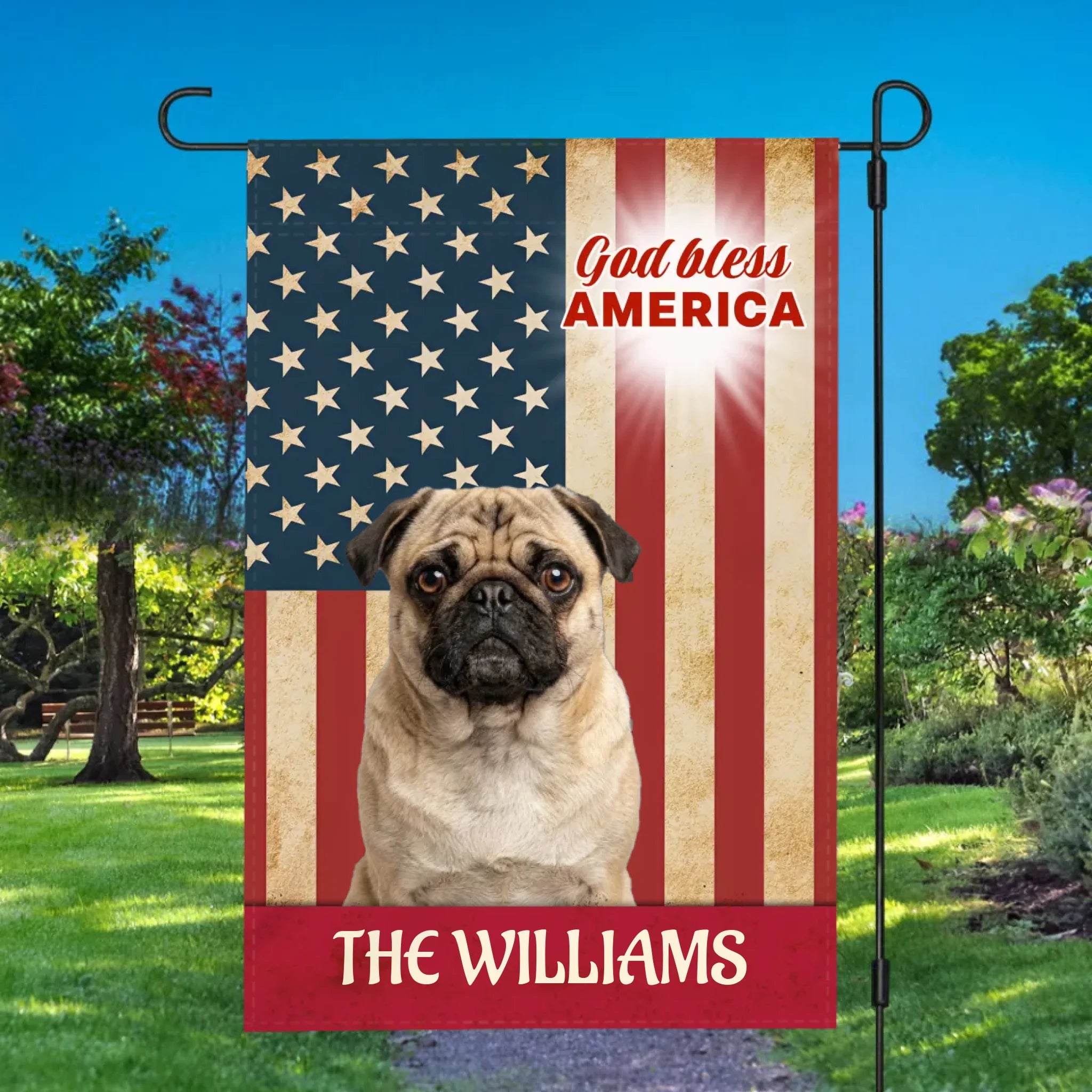 Custom Pug Garden Flag – God Bless America With Family Name | 89Prints