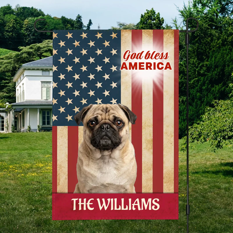 Custom Pug Garden Flag – God Bless America With Family Name | 89Prints