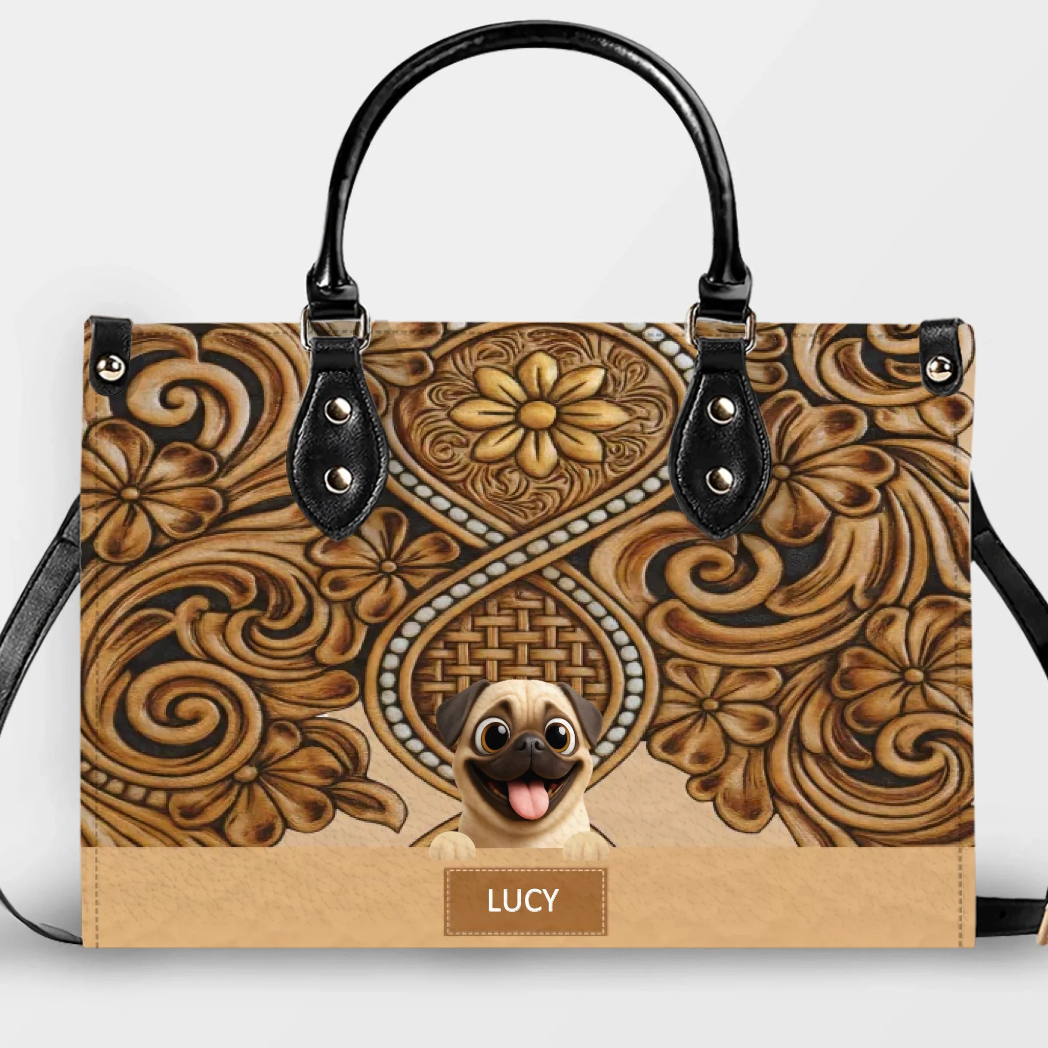 Personalized Pug Handbag - Vintage Tooled Leather Floral Dog Gift | 89Prints