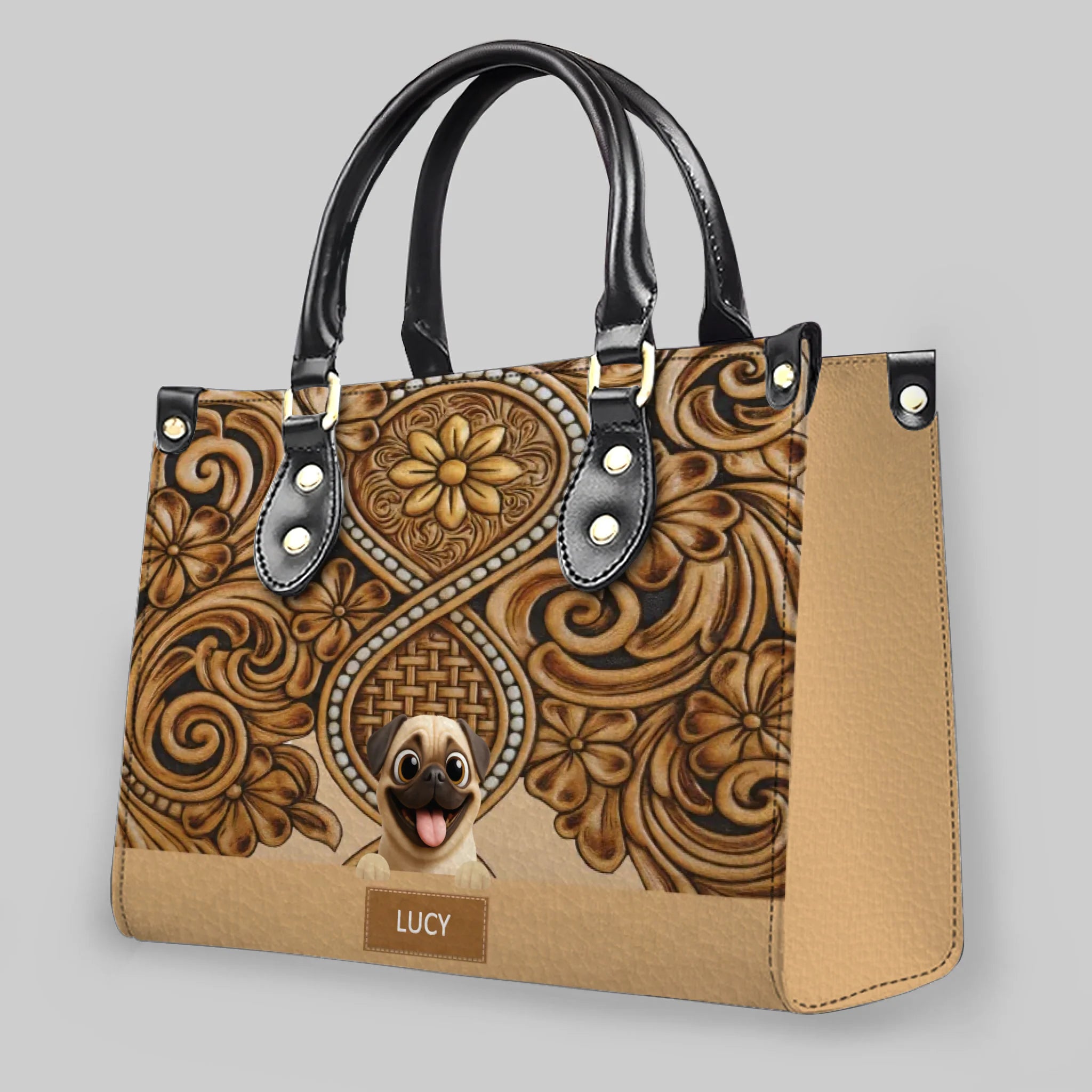 Personalized Pug Handbag - Vintage Tooled Leather Floral Dog Gift | 89Prints