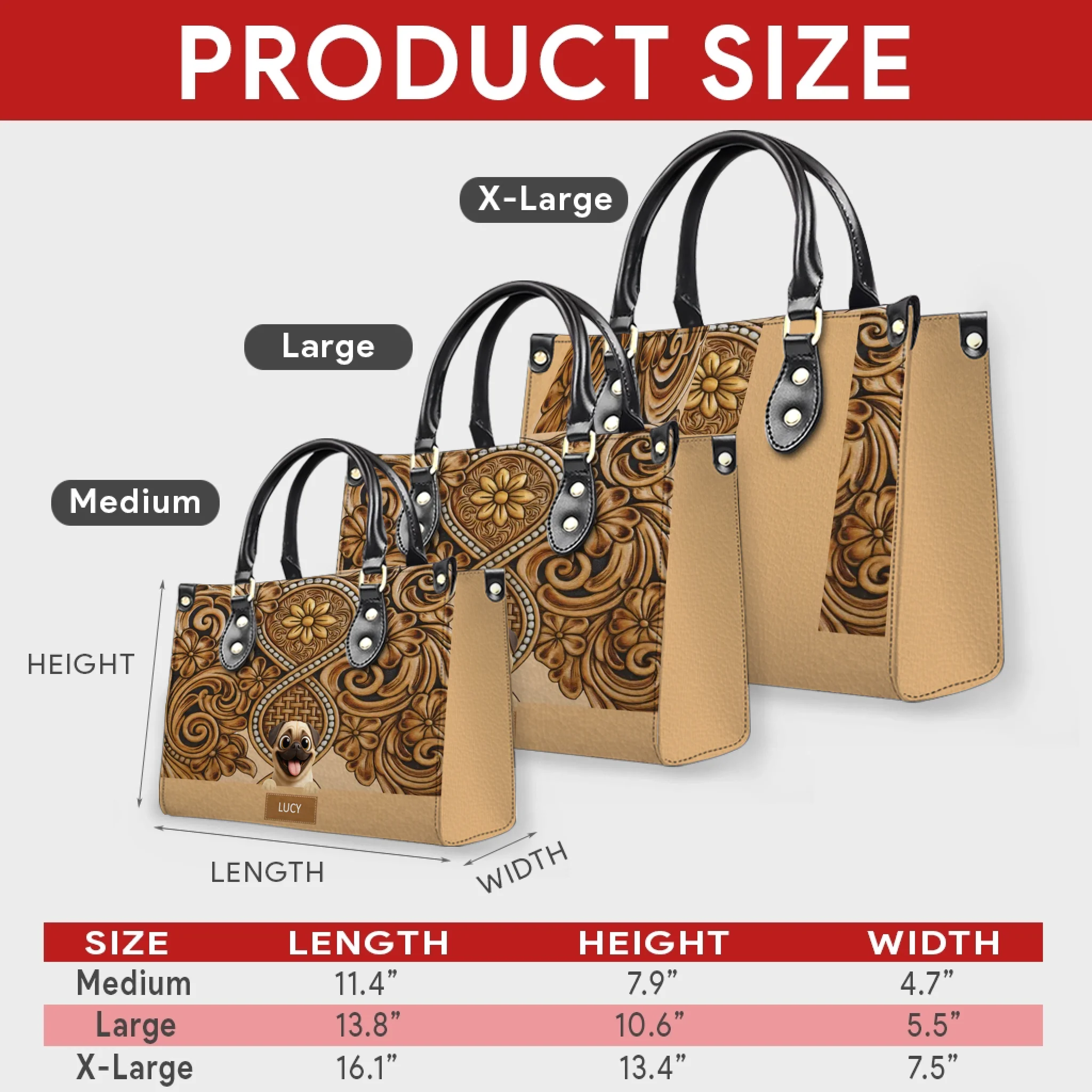 Personalized Pug Handbag - Vintage Tooled Leather Floral Dog Gift | 89Prints