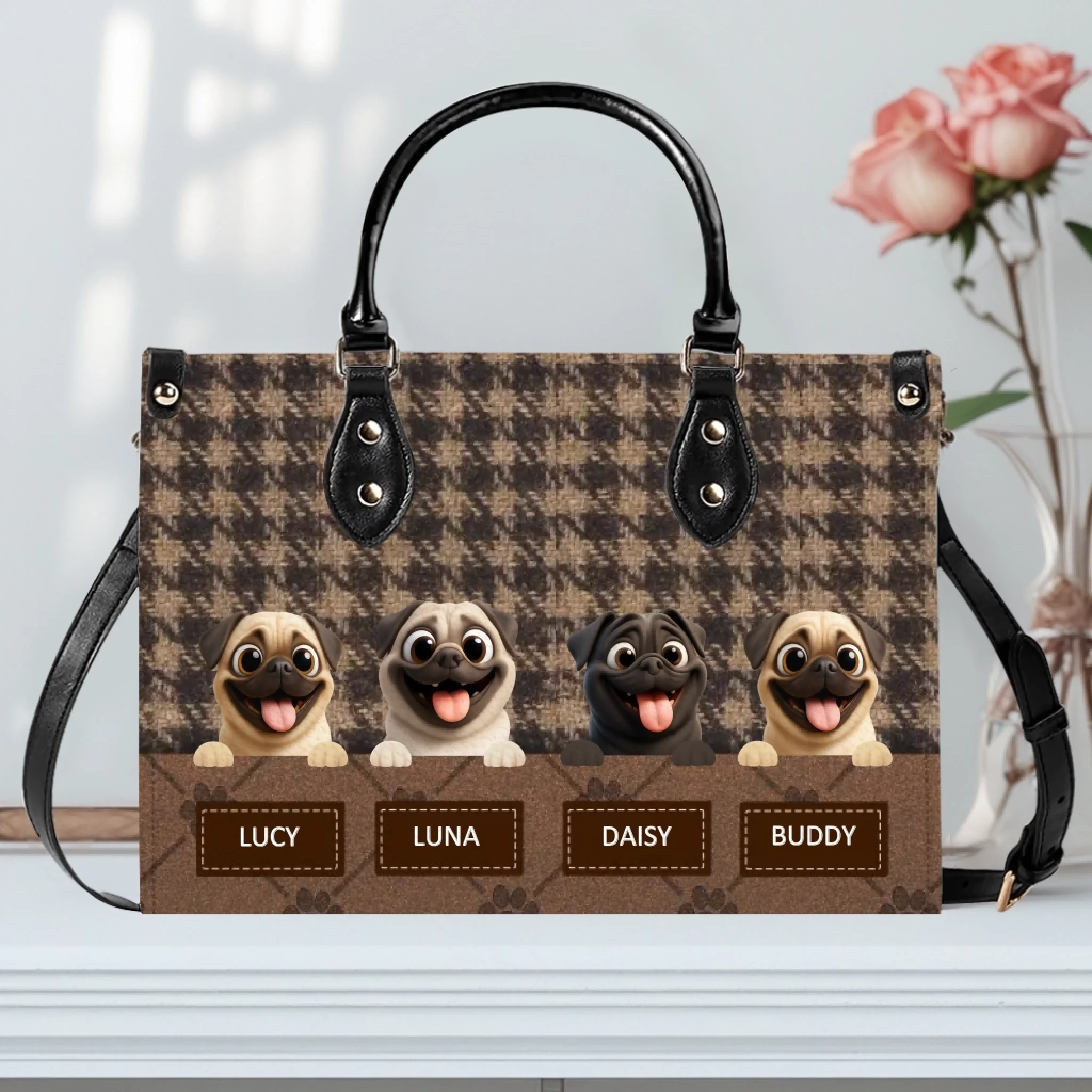 Customized Pug Lover Handbag - Classic Houndstooth Pattern Dog Gift For Dog Lovers | 89Prints