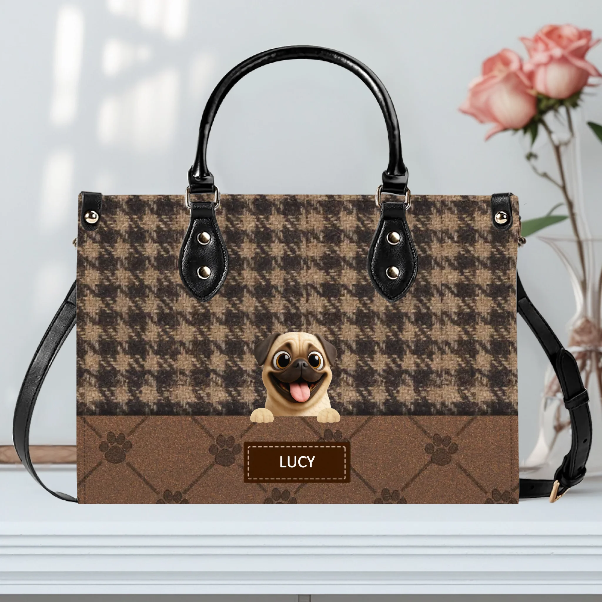Customized Pug Lover Handbag - Classic Houndstooth Pattern Dog Gift For Dog Lovers | 89Prints