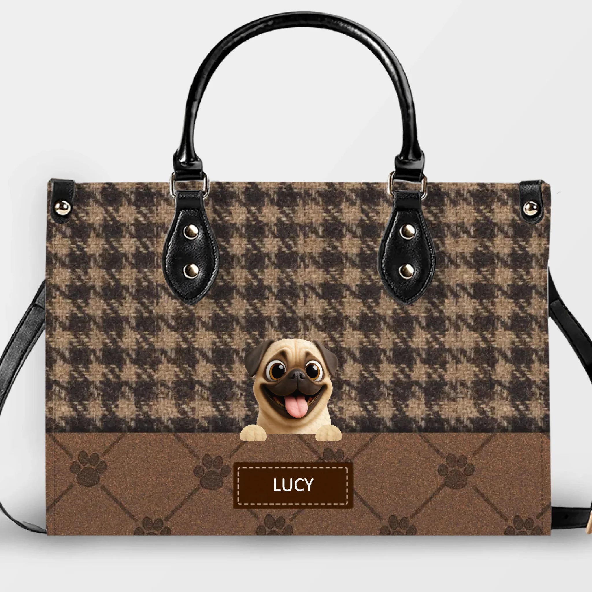 Customized Pug Lover Handbag - Classic Houndstooth Pattern Dog Gift For Dog Lovers | 89Prints