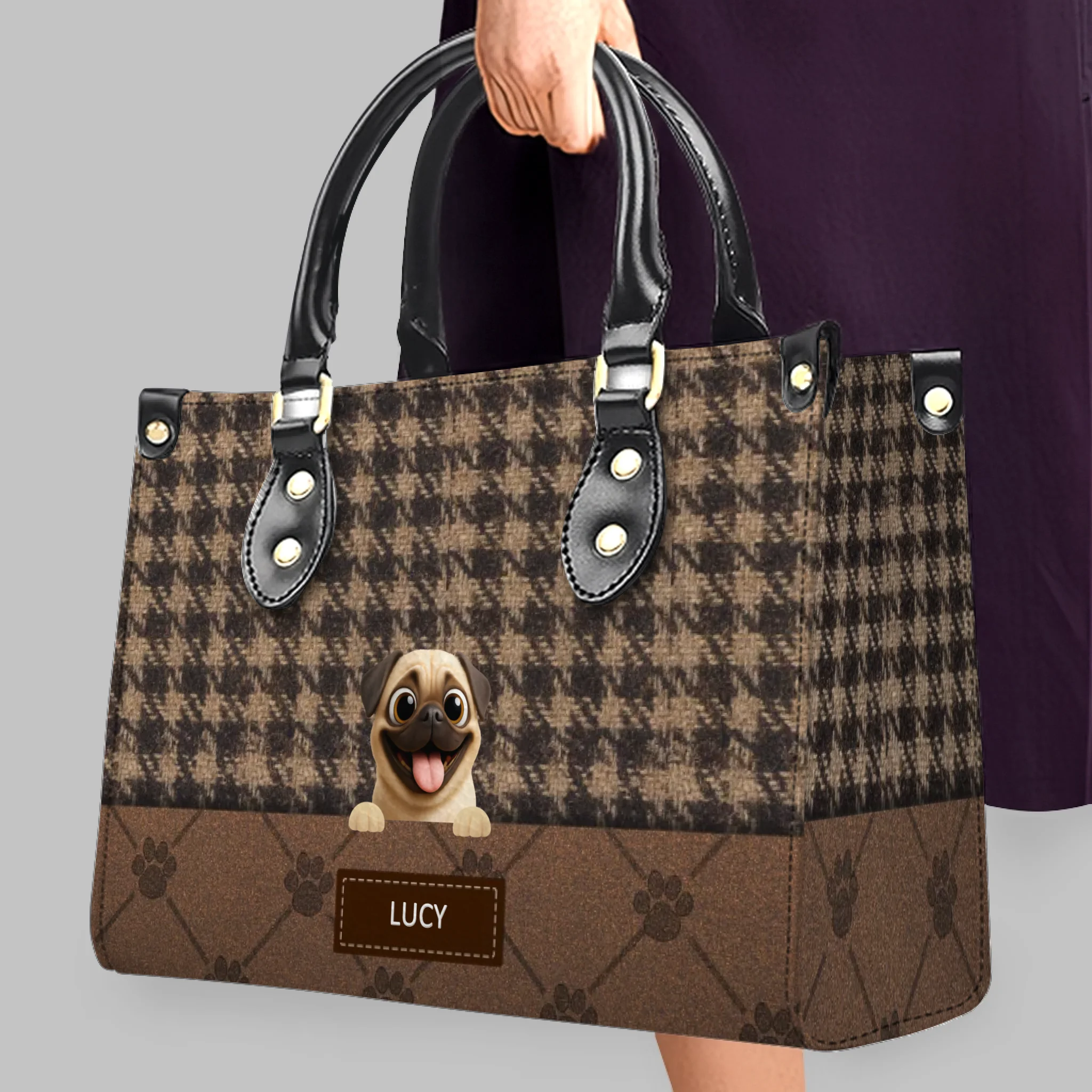 Customized Pug Lover Handbag - Classic Houndstooth Pattern Dog Gift For Dog Lovers | 89Prints
