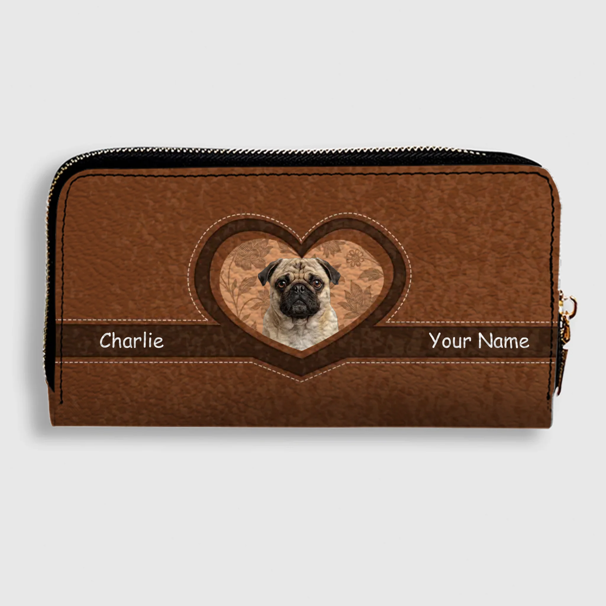 Customized Pug Leather Wallet - Pet Photo Heart Design For Dog Owners | 89Prints