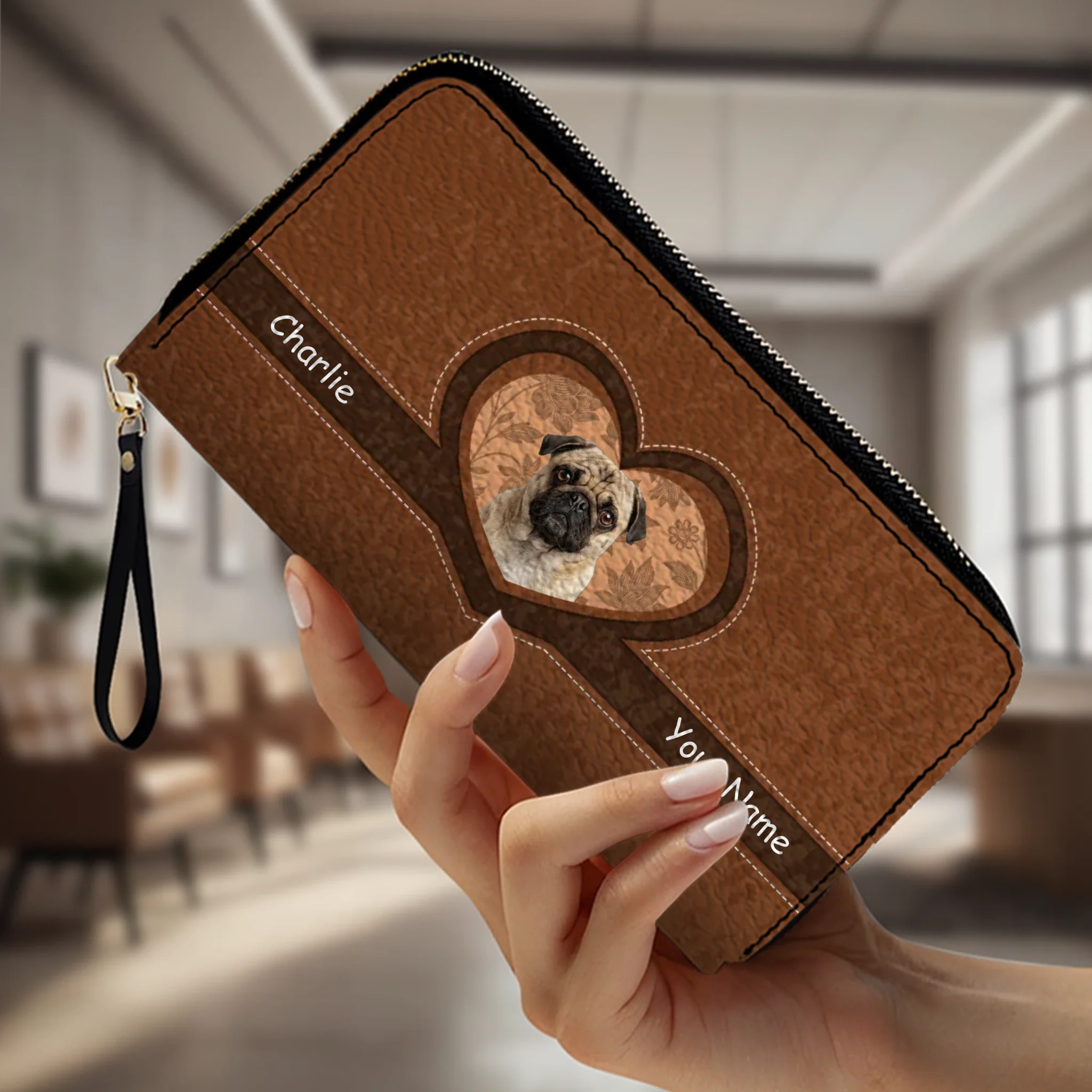 Customized Pug Leather Wallet - Pet Photo Heart Design For Dog Owners | 89Prints