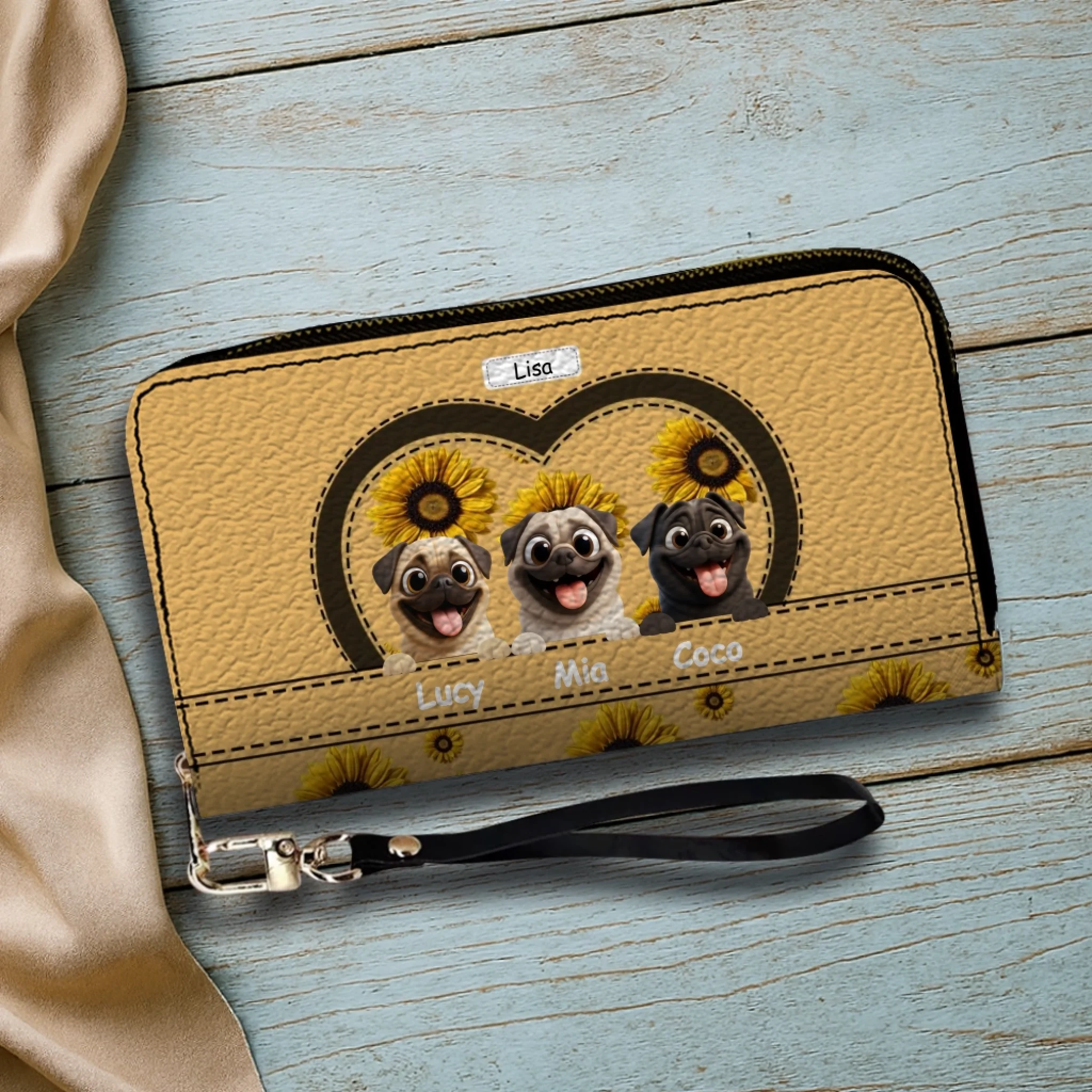 Customized Pug Leather Wallet - Personalized Gift With Dog And Sunflower Design | 89Prints