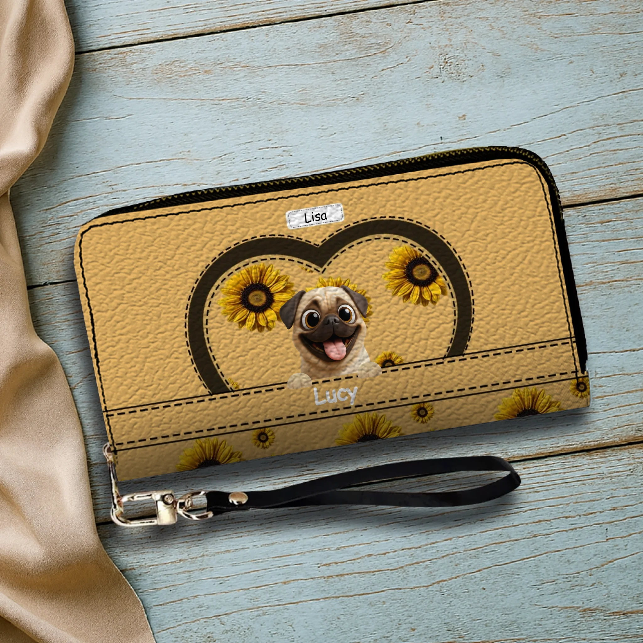 Customized Pug Leather Wallet - Personalized Gift With Dog And Sunflower Design | 89Prints