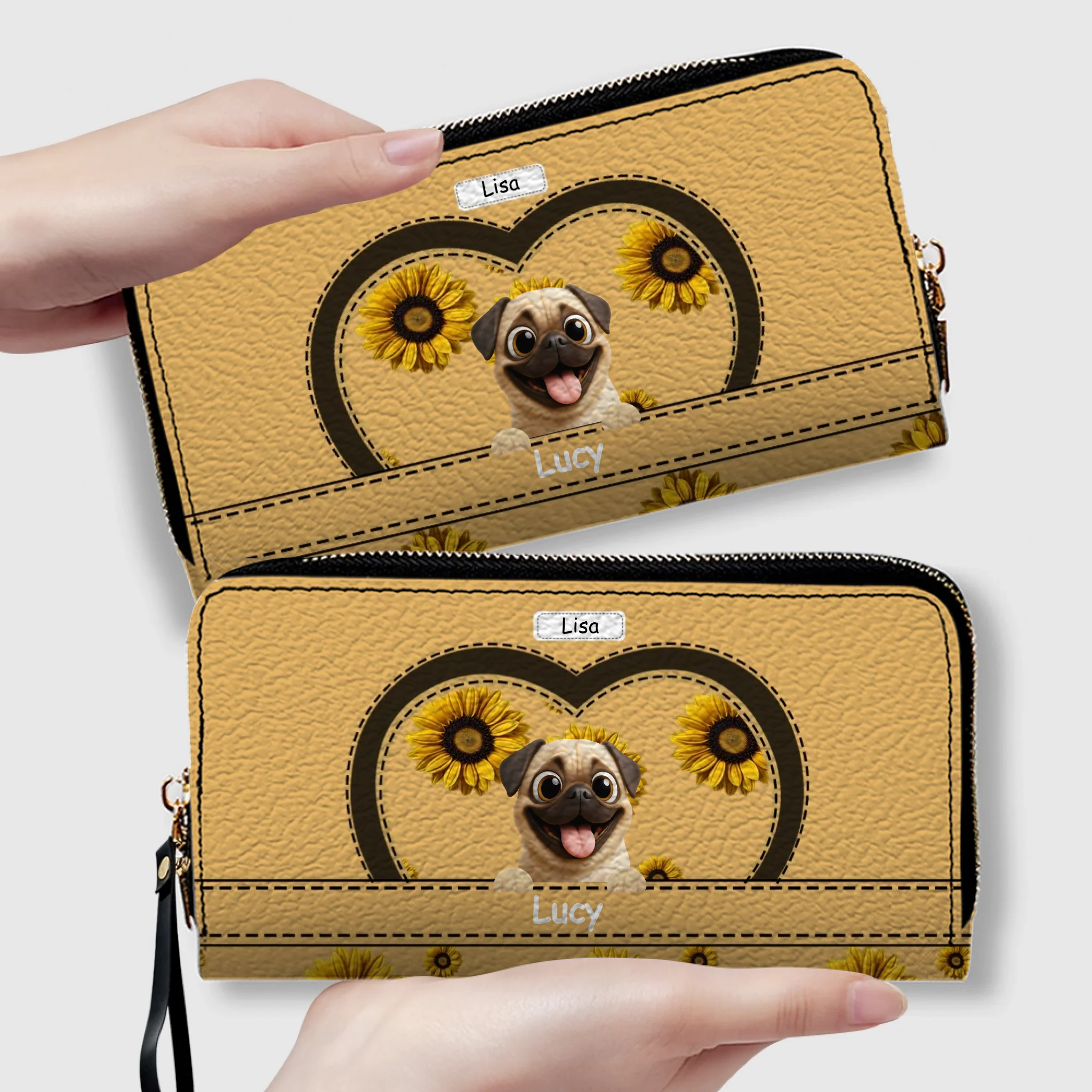 Customized Pug Leather Wallet - Personalized Gift With Dog And Sunflower Design | 89Prints