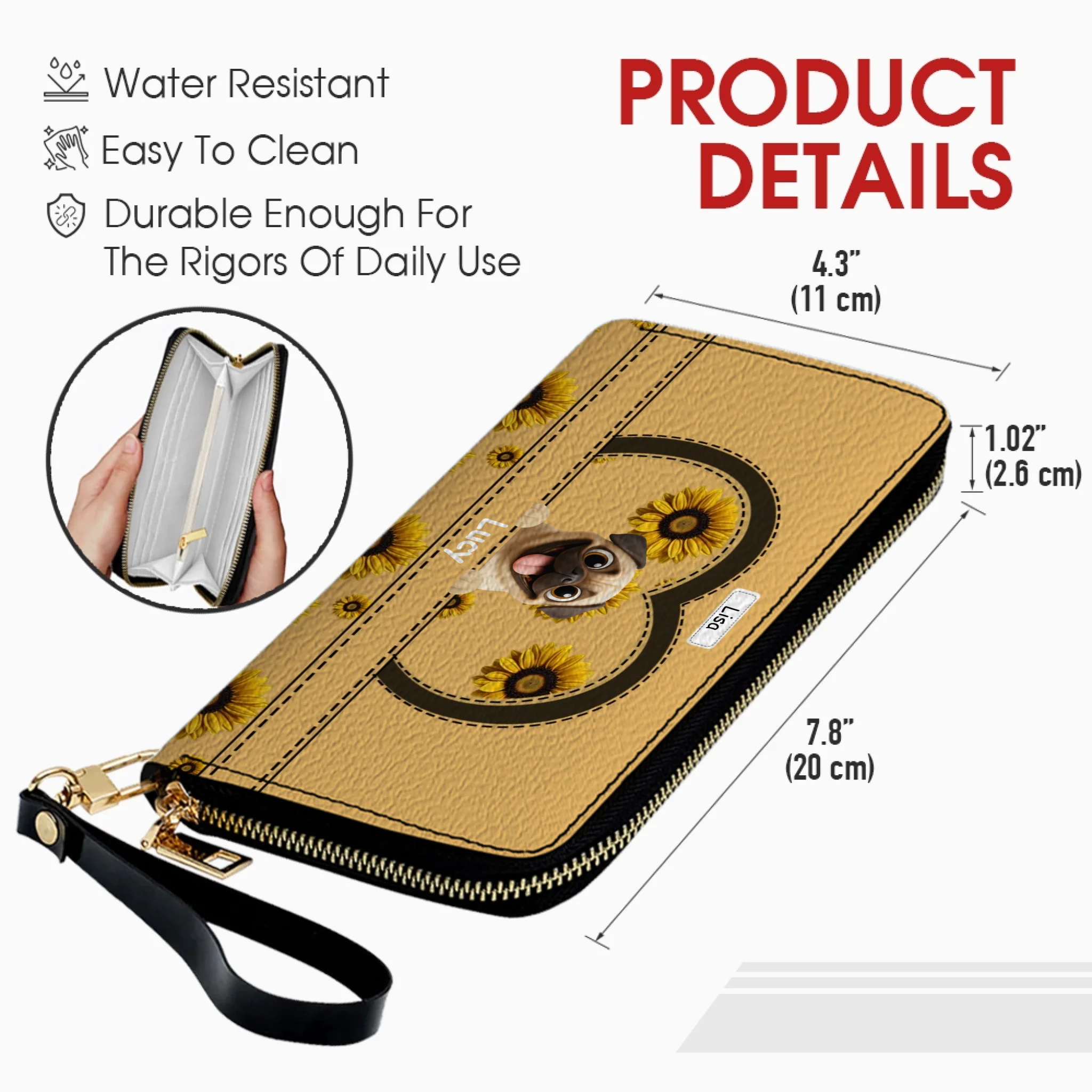 Customized Pug Leather Wallet - Personalized Gift With Dog And Sunflower Design | 89Prints